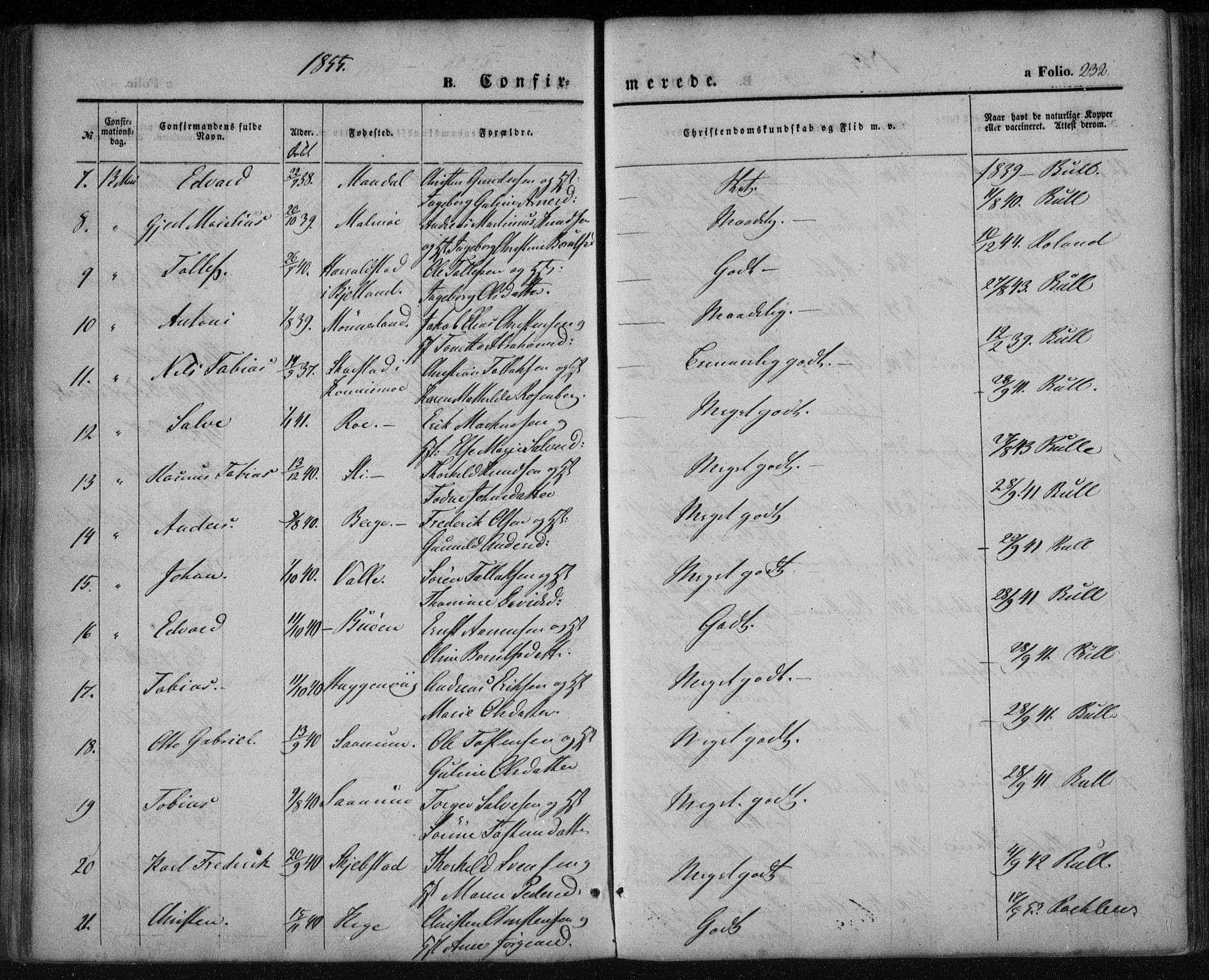 Mandal sokneprestkontor, SAK/1111-0030/F/Fa/Faa/L0013: Parish register (official) no. A 13, 1847-1859, p. 232