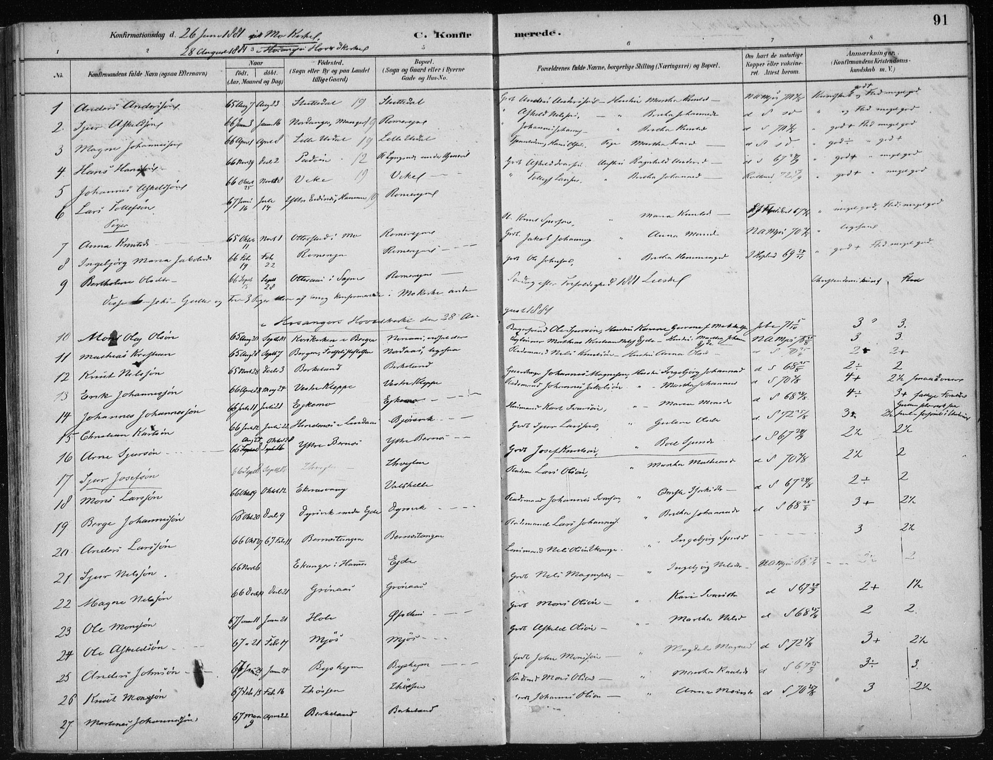 Hosanger sokneprestembete, AV/SAB-A-75801/H/Haa: Parish register (official) no. B  1, 1880-1896, p. 91