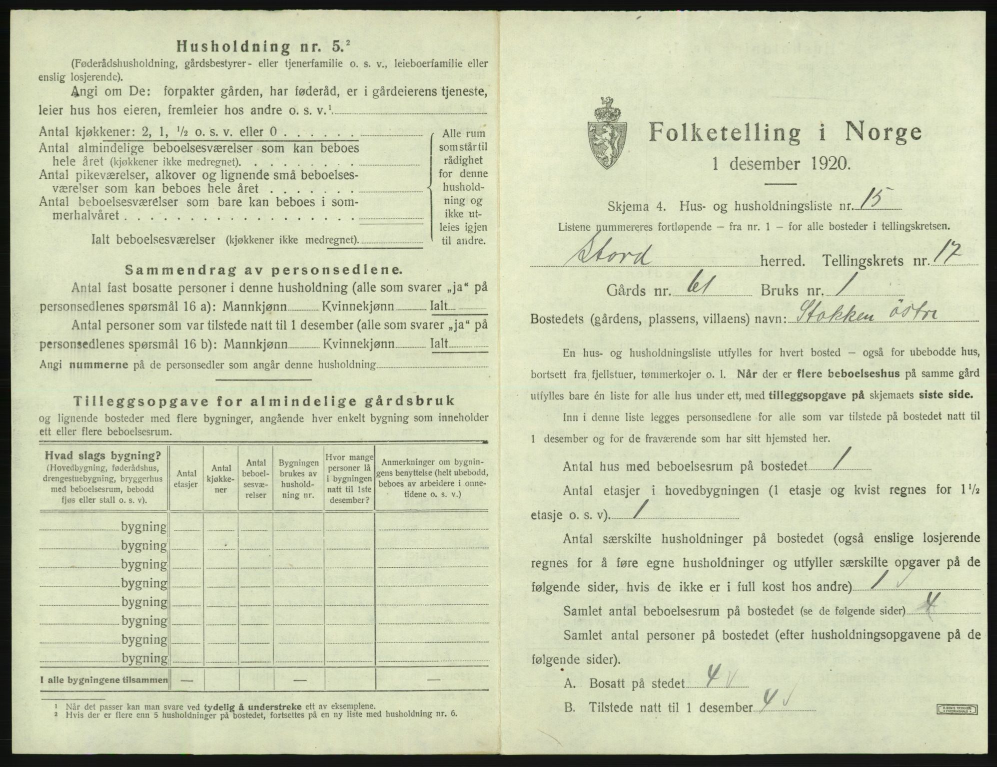 SAB, 1920 census for Stord, 1920, p. 1223