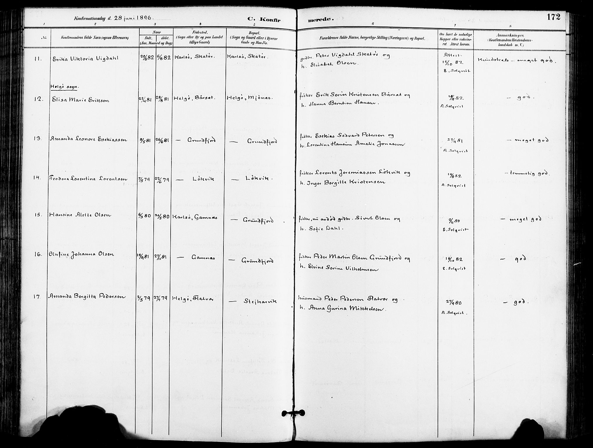 Karlsøy sokneprestembete, AV/SATØ-S-1299/H/Ha/Haa/L0007kirke: Parish register (official) no. 7, 1891-1902, p. 172