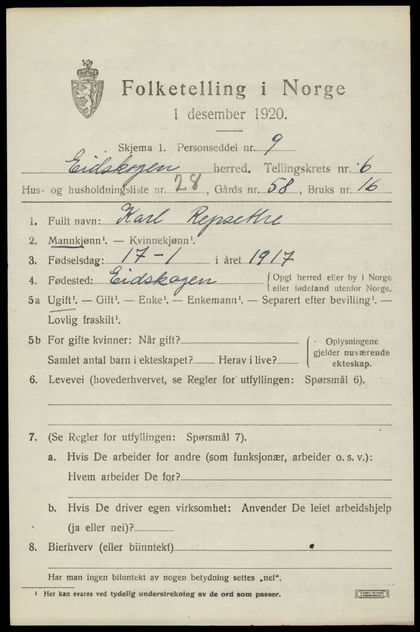 SAH, 1920 census for Eidskog, 1920, p. 6703
