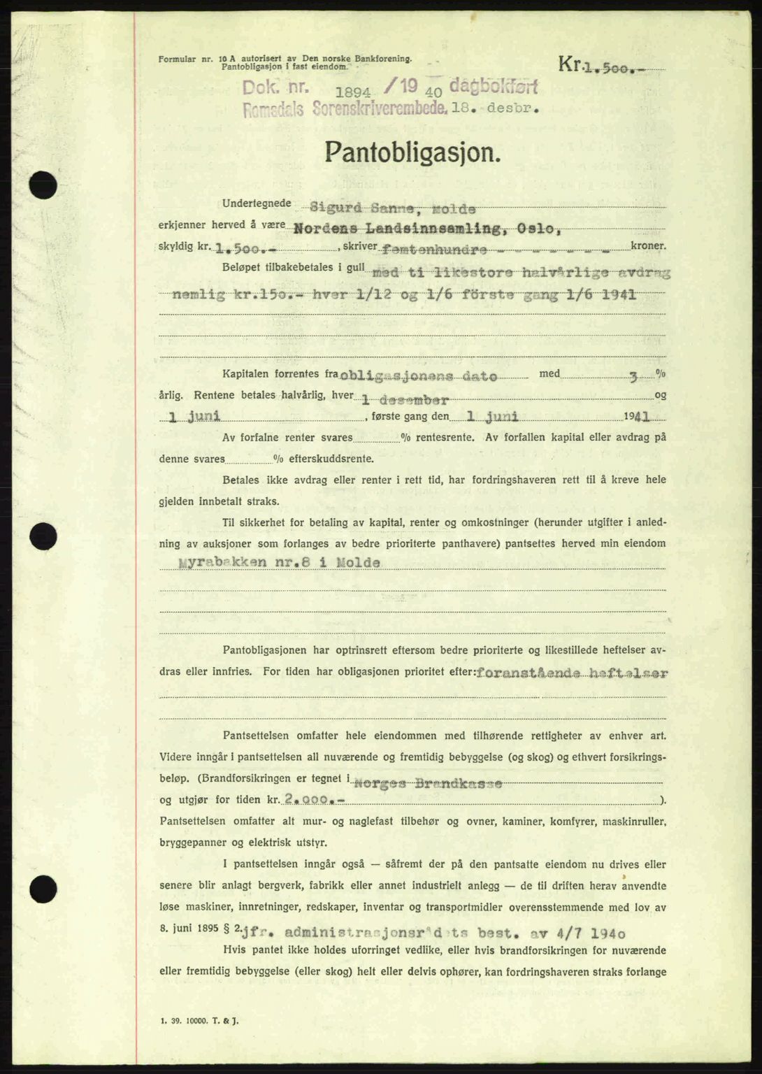 Romsdal sorenskriveri, AV/SAT-A-4149/1/2/2C: Mortgage book no. B2, 1939-1945, Diary no: : 1894/1940