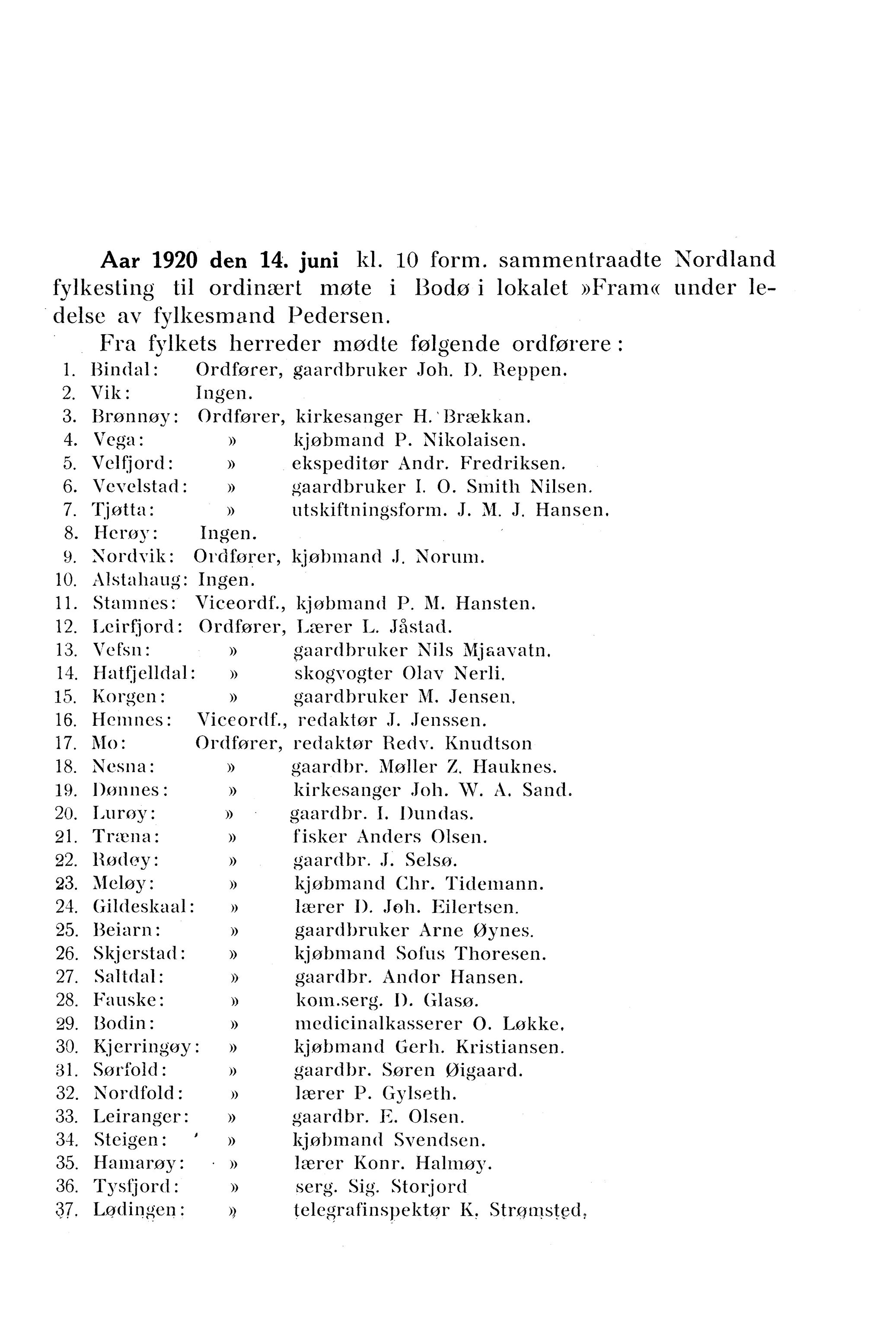 Nordland Fylkeskommune. Fylkestinget, AIN/NFK-17/176/A/Ac/L0043: Fylkestingsforhandlinger 1920, 1920