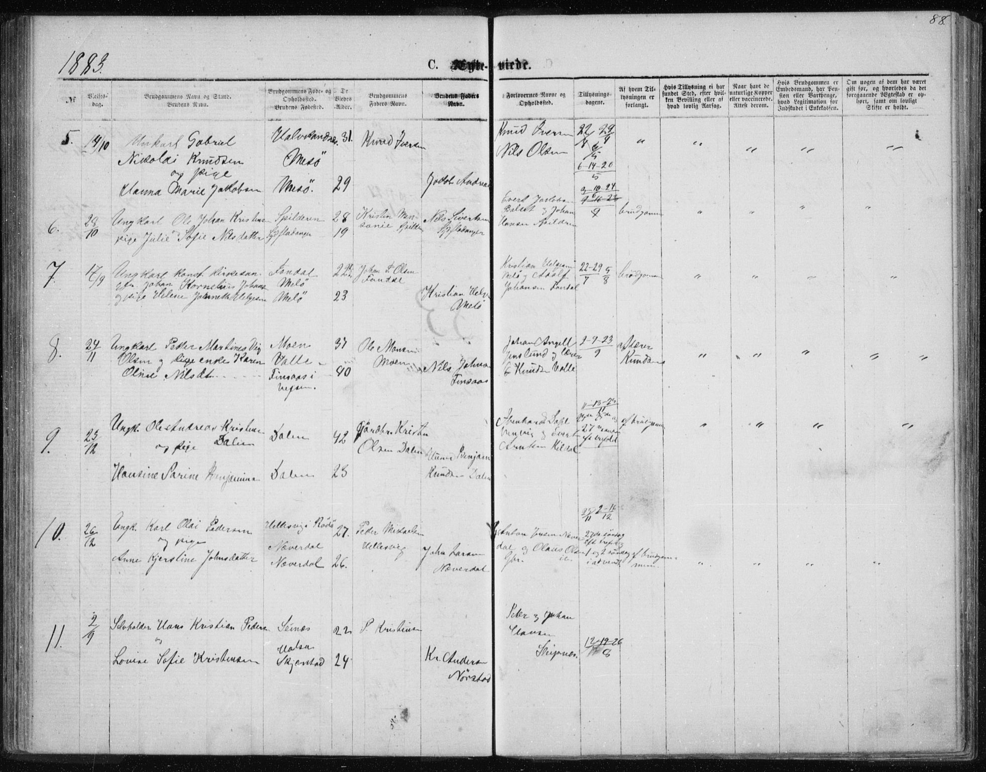 Ministerialprotokoller, klokkerbøker og fødselsregistre - Nordland, SAT/A-1459/843/L0635: Parish register (copy) no. 843C04, 1872-1887, p. 88