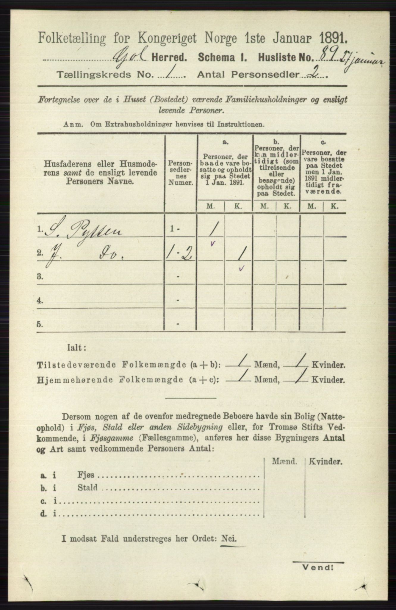 RA, 1891 census for 0617 Gol og Hemsedal, 1891, p. 116