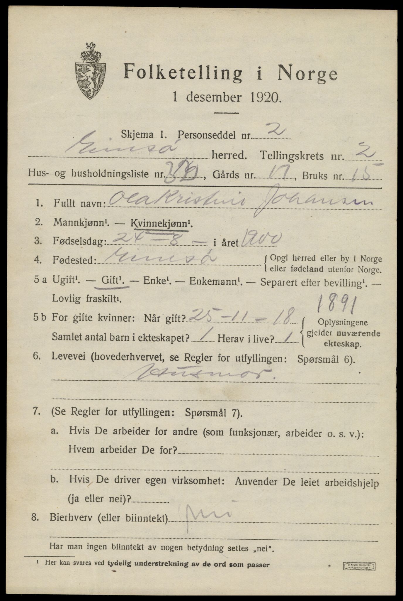 SAT, 1920 census for Gimsøy, 1920, p. 1647