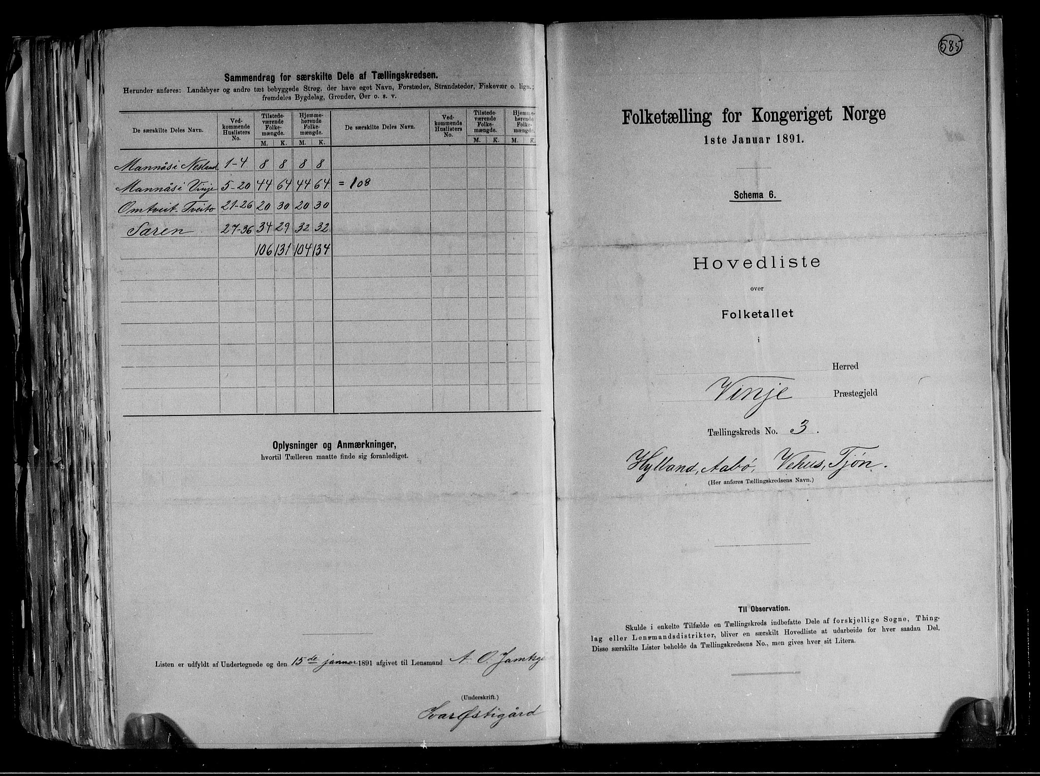 RA, 1891 census for 0834 Vinje, 1891, p. 8