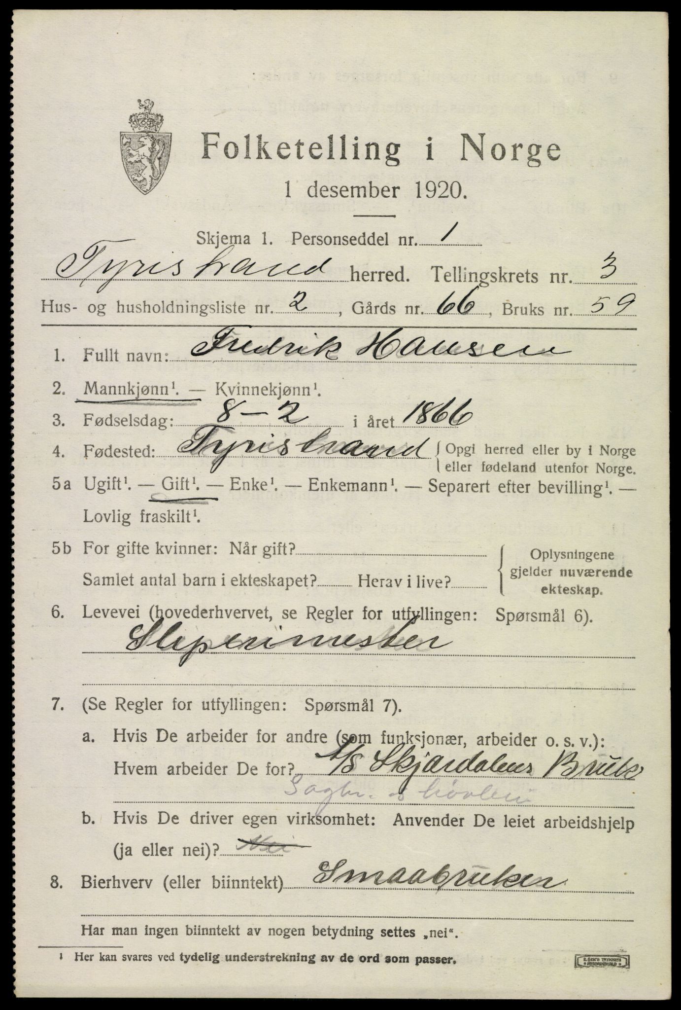 SAKO, 1920 census for Tyristrand, 1920, p. 1976