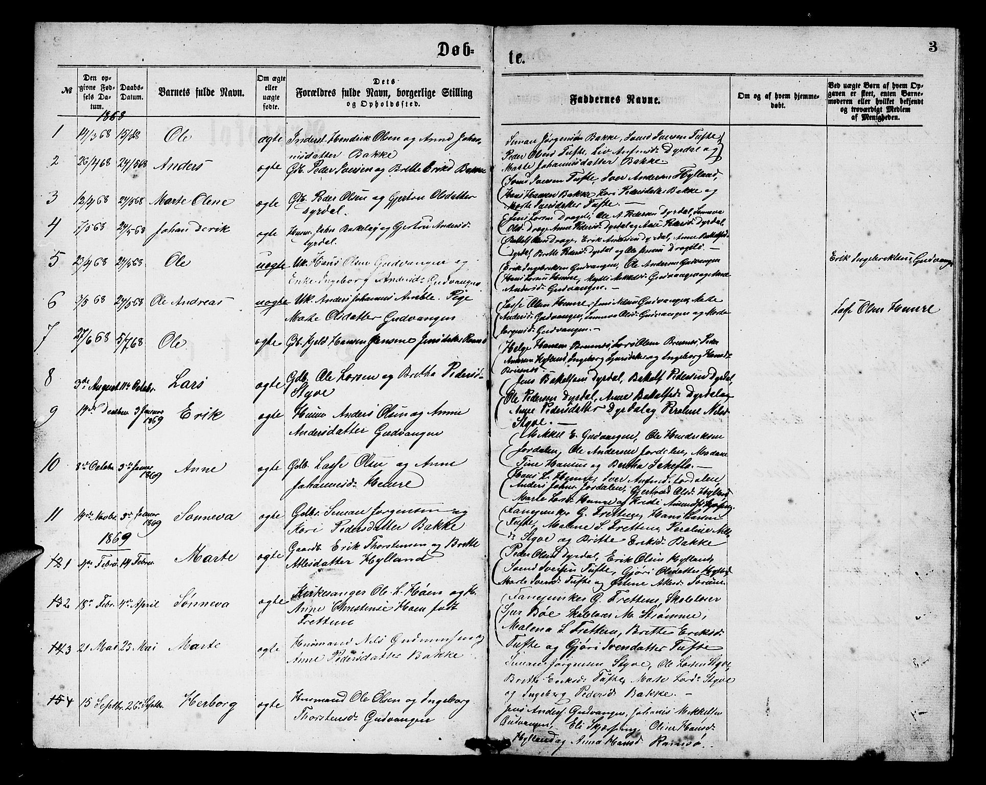 Aurland sokneprestembete, SAB/A-99937/H/Hb/Hbc/L0001: Parish register (copy) no. C 1, 1868-1883, p. 3