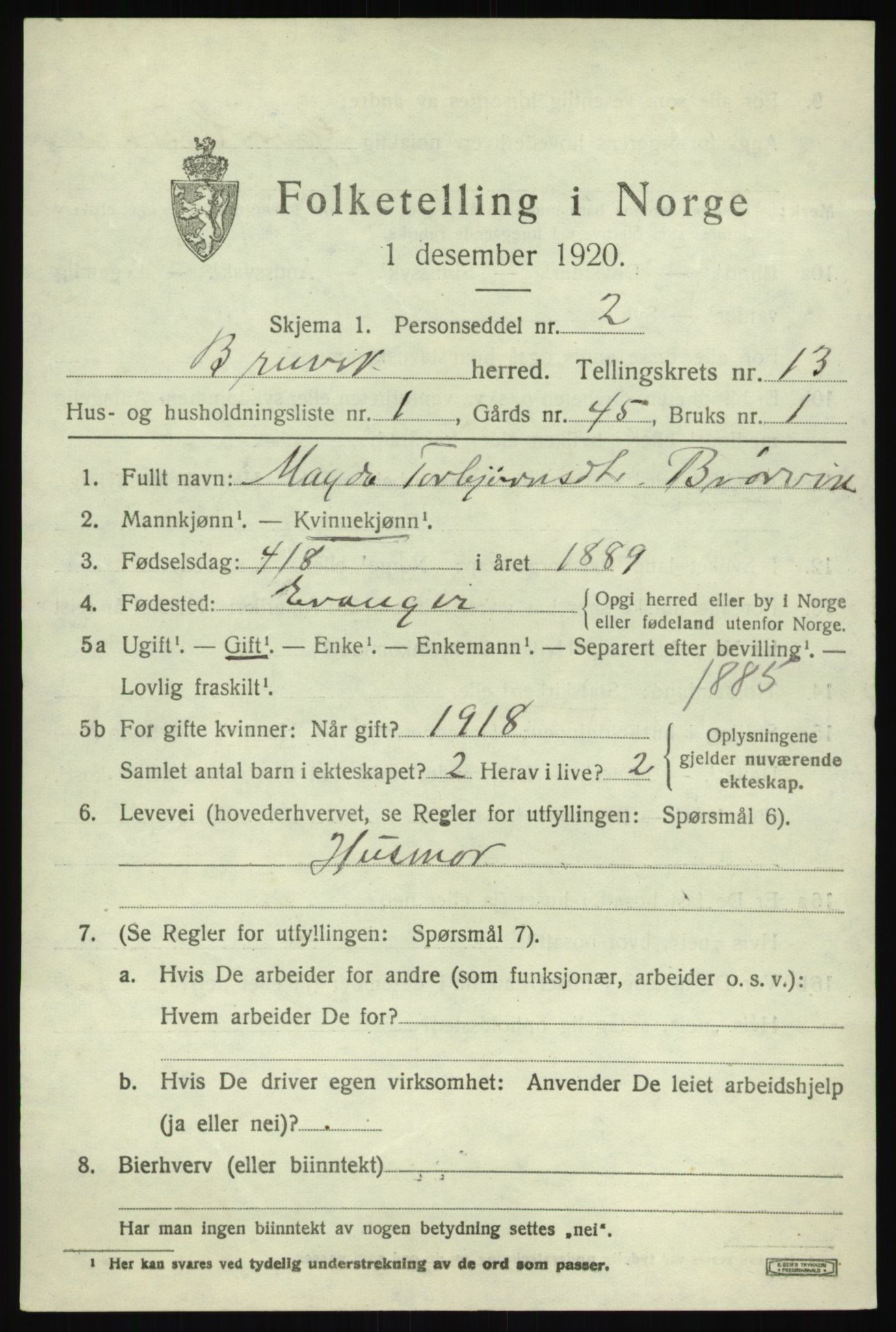 SAB, 1920 census for Bruvik, 1920, p. 8122