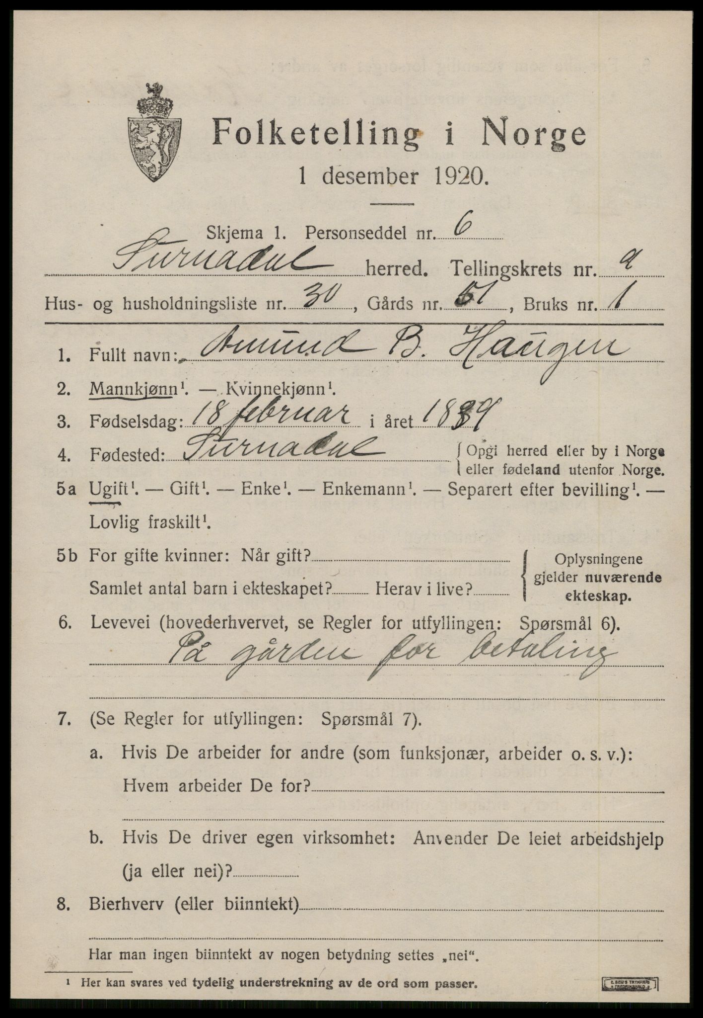 SAT, 1920 census for Surnadal, 1920, p. 6671