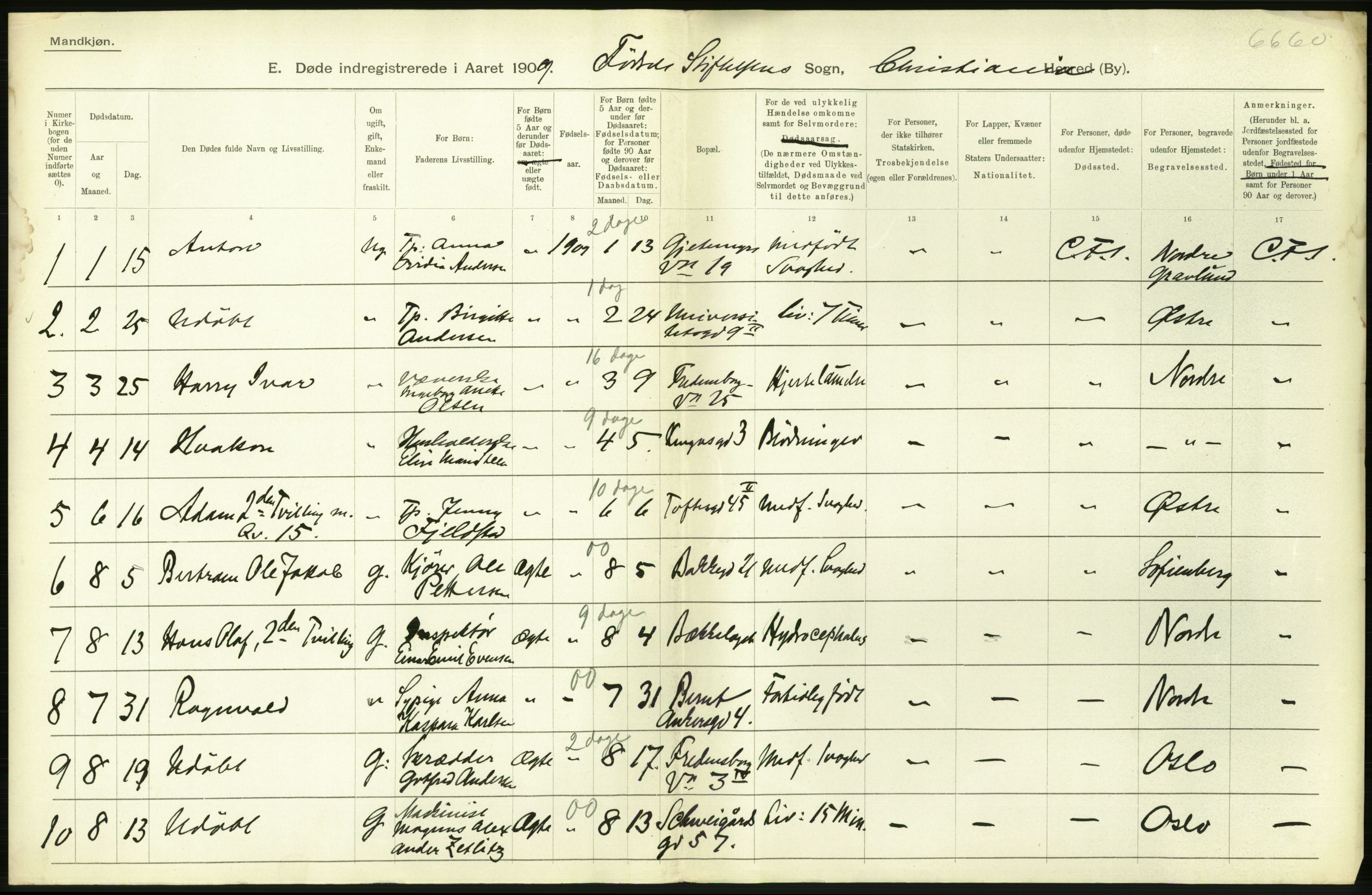 Statistisk sentralbyrå, Sosiodemografiske emner, Befolkning, RA/S-2228/D/Df/Dfa/Dfag/L0010: Kristiania: Døde, dødfødte., 1909, p. 214