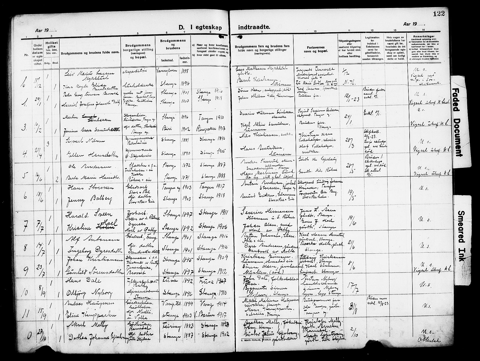 Stange prestekontor, SAH/PREST-002/L/L0016: Parish register (copy) no. 16, 1918-1928, p. 122