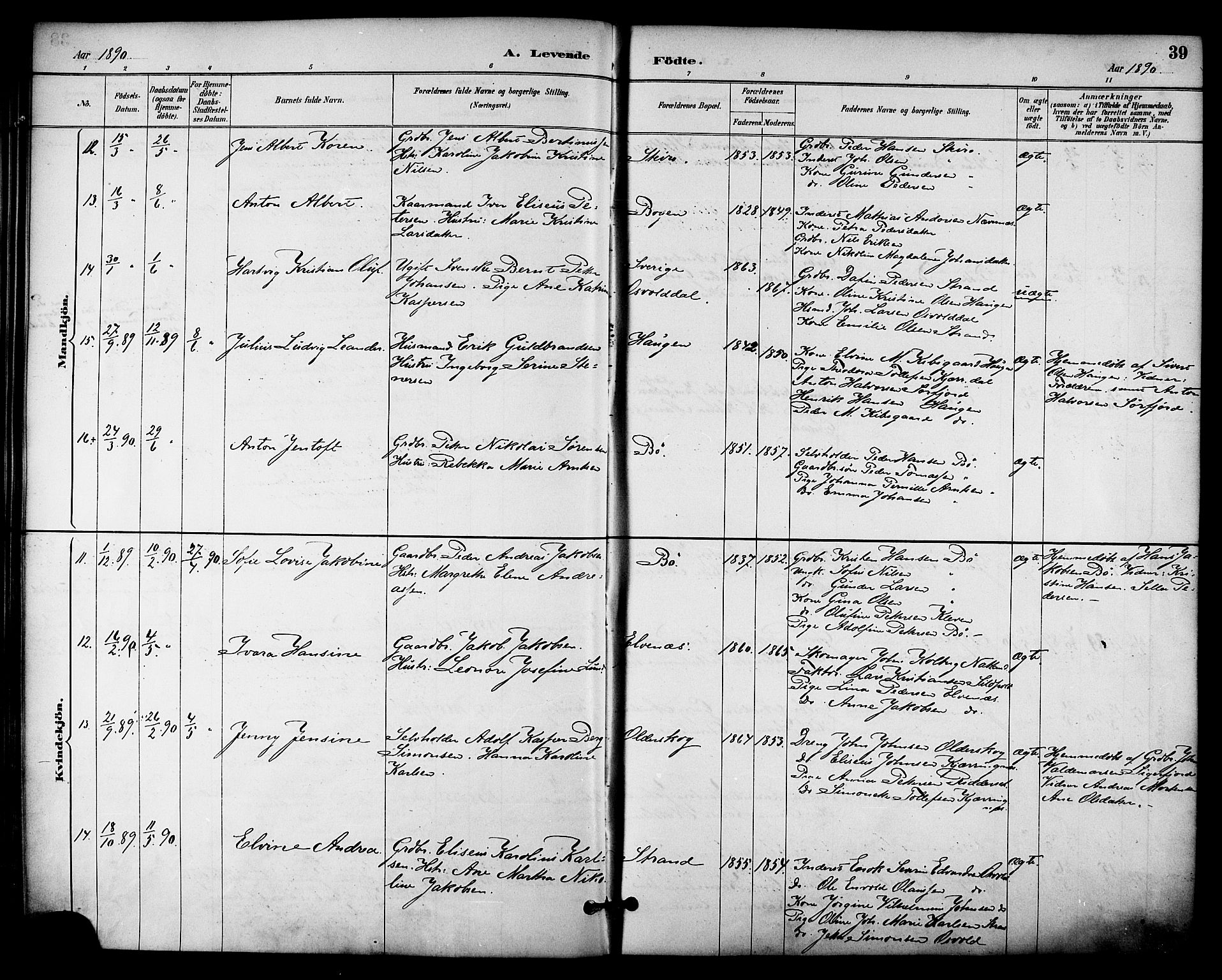 Ministerialprotokoller, klokkerbøker og fødselsregistre - Nordland, AV/SAT-A-1459/895/L1371: Parish register (official) no. 895A06, 1885-1894, p. 39