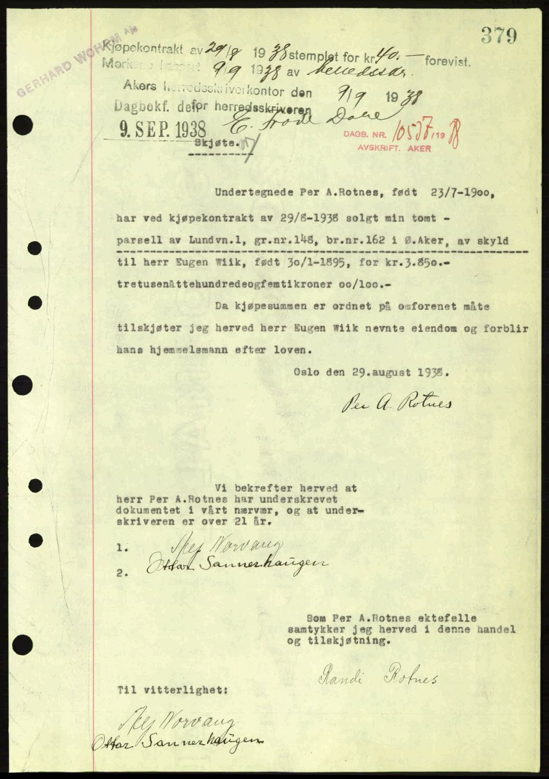 Aker herredsskriveri, SAO/A-10896/G/Gb/Gba/Gbab/L0025: Mortgage book no. A154-155, 1938-1938, Diary no: : 10537/1938