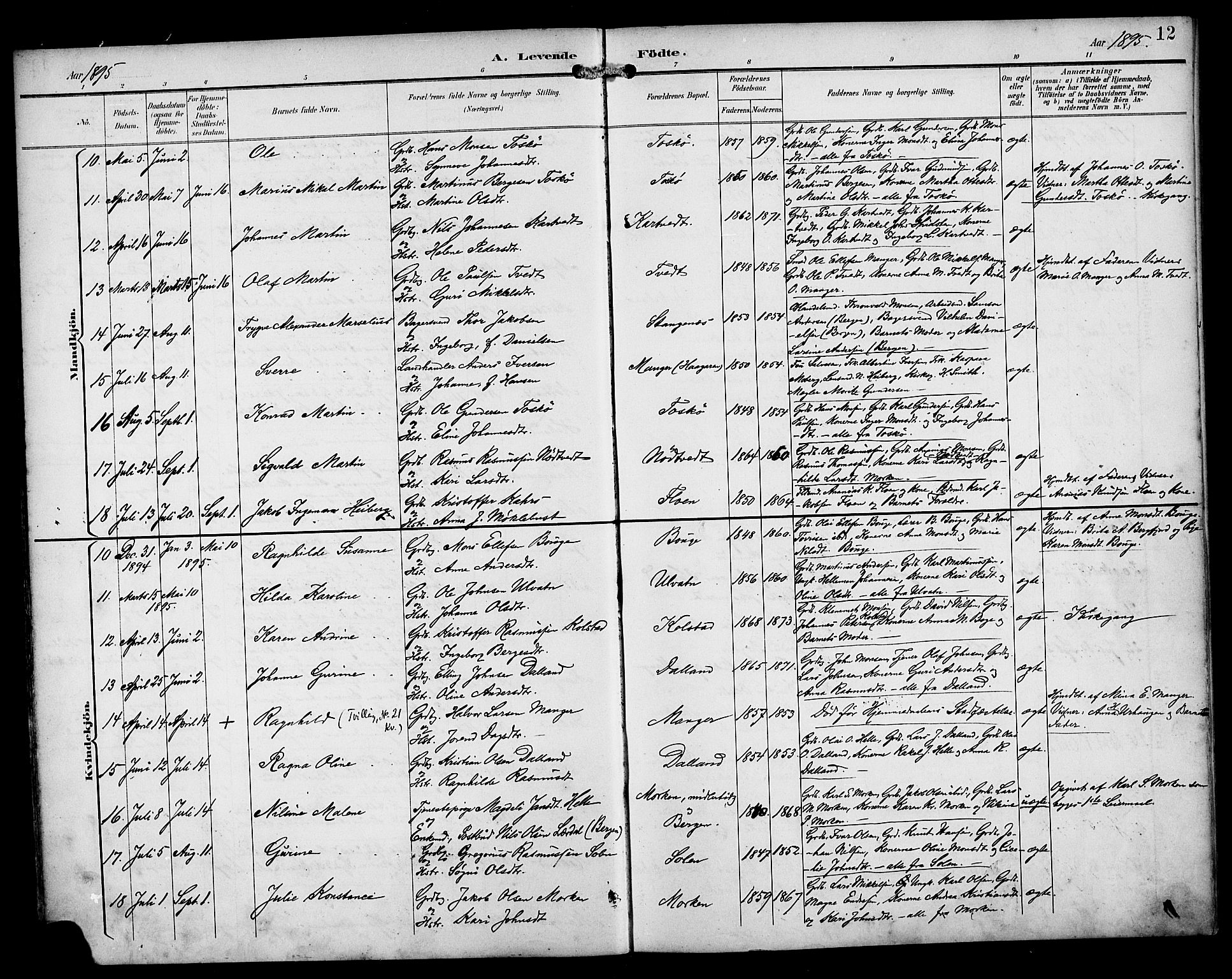 Manger sokneprestembete, AV/SAB-A-76801/H/Haa: Parish register (official) no. B 2, 1893-1906, p. 12