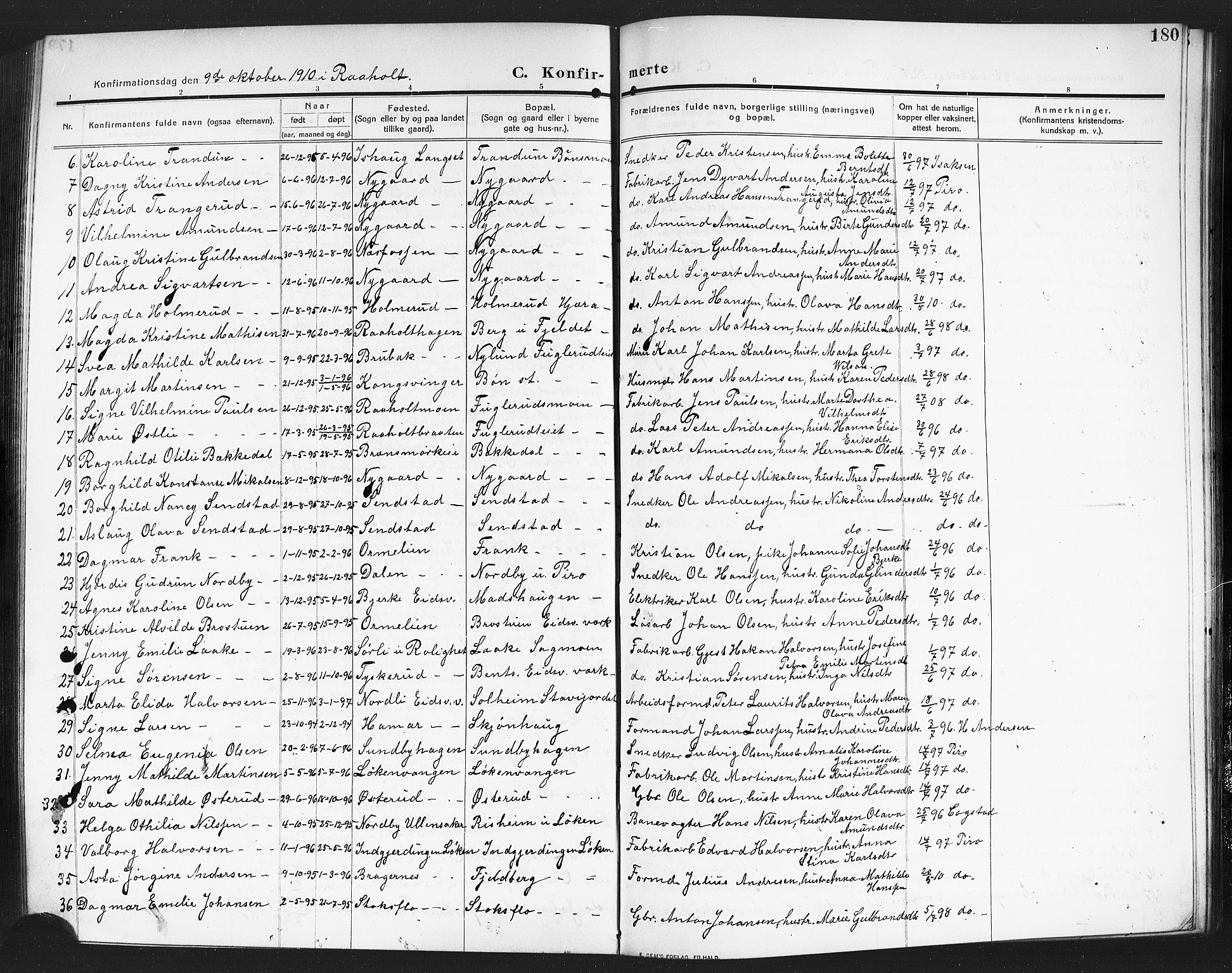 Eidsvoll prestekontor Kirkebøker, SAO/A-10888/G/Ga/L0008: Parish register (copy) no. I 8, 1909-1918, p. 180