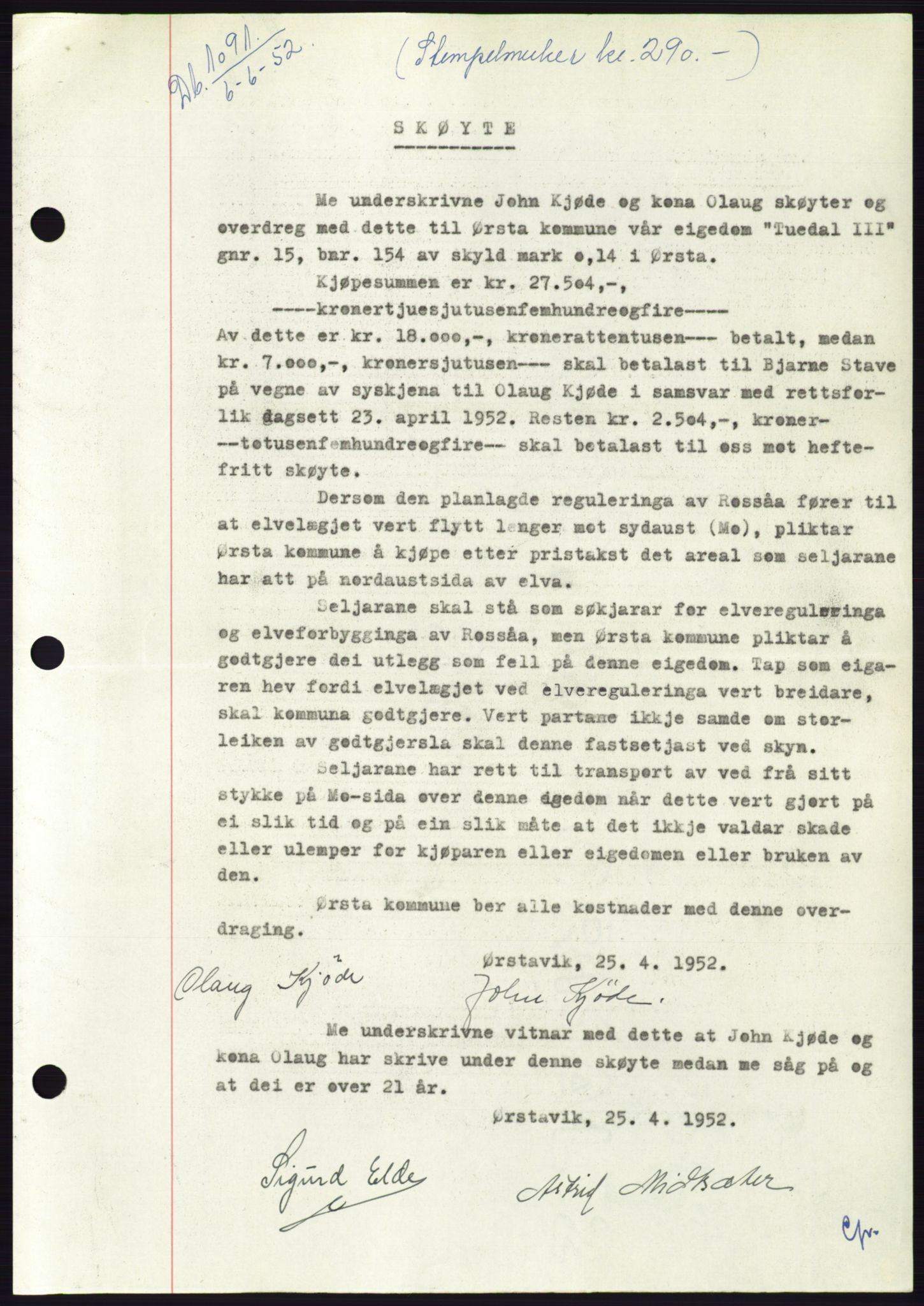 Søre Sunnmøre sorenskriveri, AV/SAT-A-4122/1/2/2C/L0092: Mortgage book no. 18A, 1952-1952, Diary no: : 1091/1952