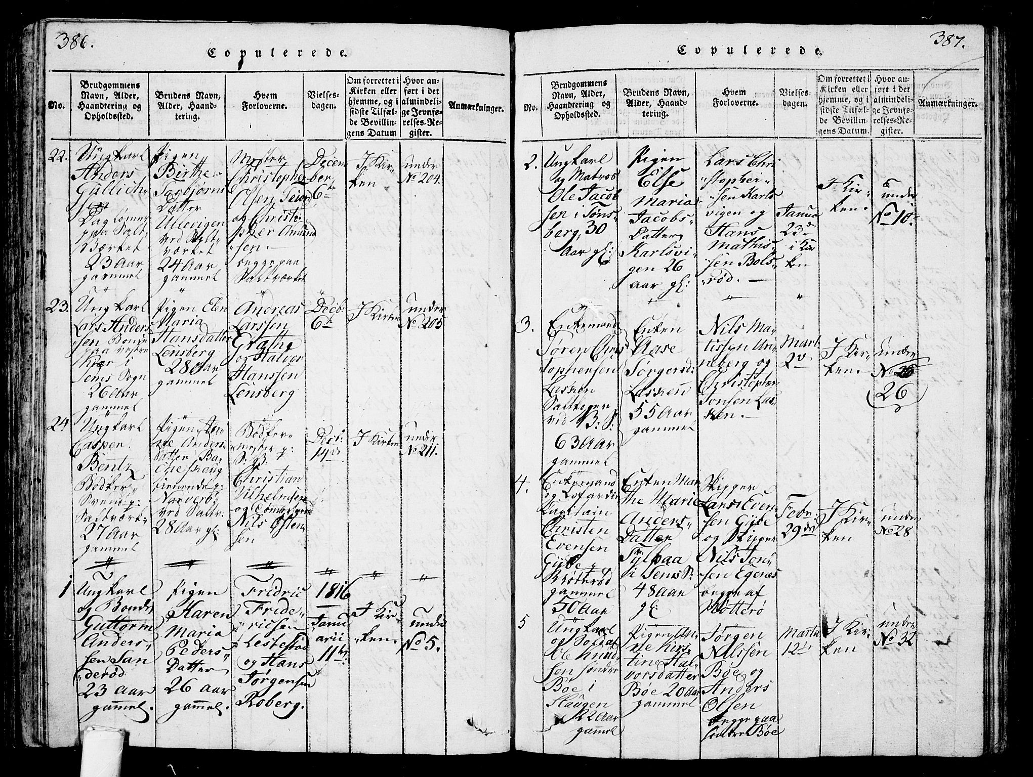 Sem kirkebøker, SAKO/A-5/G/Ga/L0001: Parish register (copy) no. I 1, 1814-1825, p. 386-387