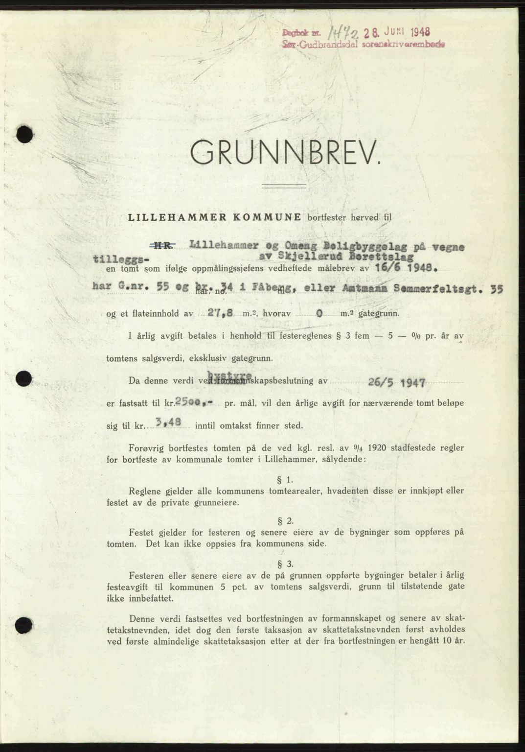 Sør-Gudbrandsdal tingrett, SAH/TING-004/H/Hb/Hbd/L0022: Mortgage book no. A22, 1948-1948, Diary no: : 1472/1948
