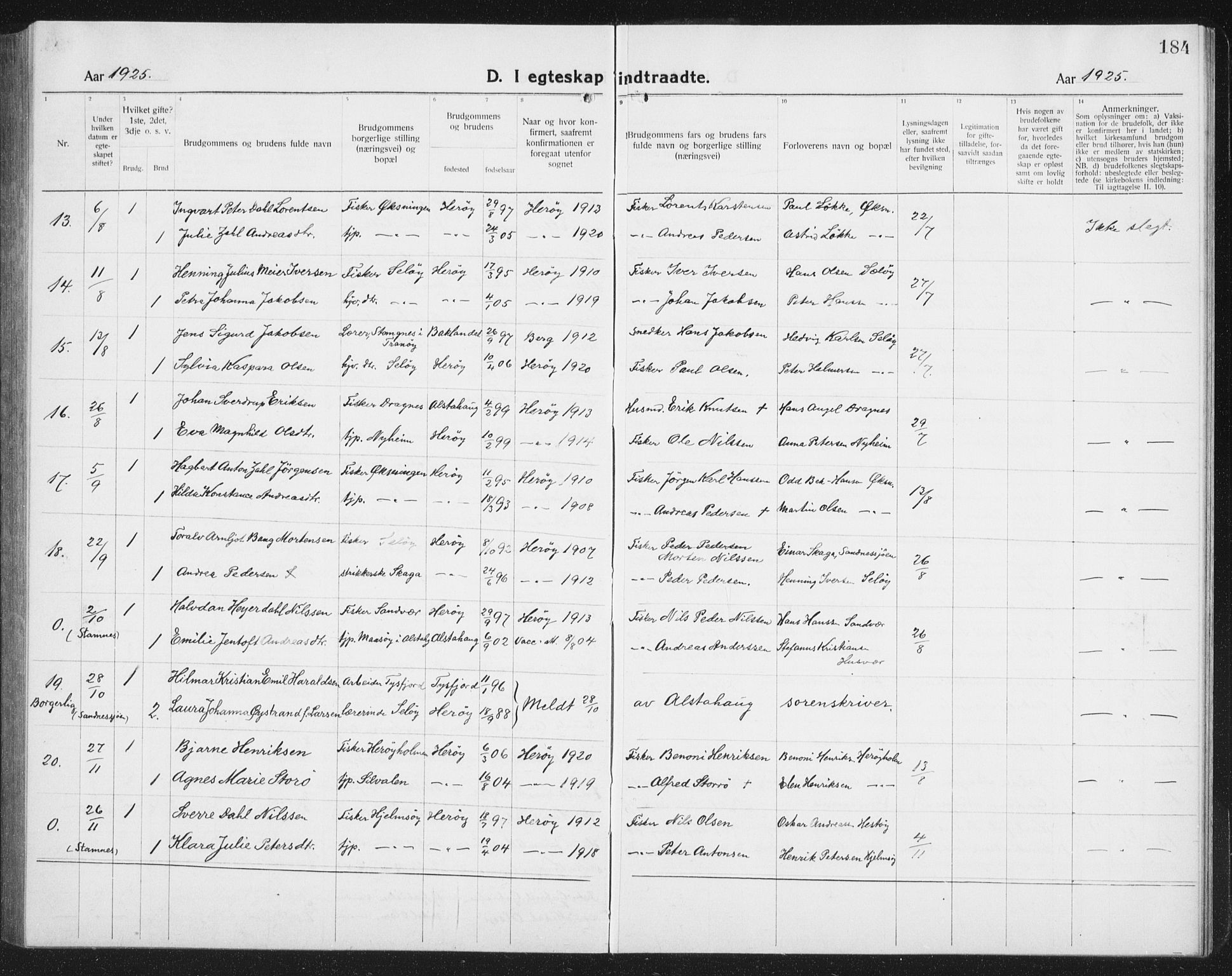 Ministerialprotokoller, klokkerbøker og fødselsregistre - Nordland, AV/SAT-A-1459/834/L0517: Parish register (copy) no. 834C07, 1919-1939, p. 184