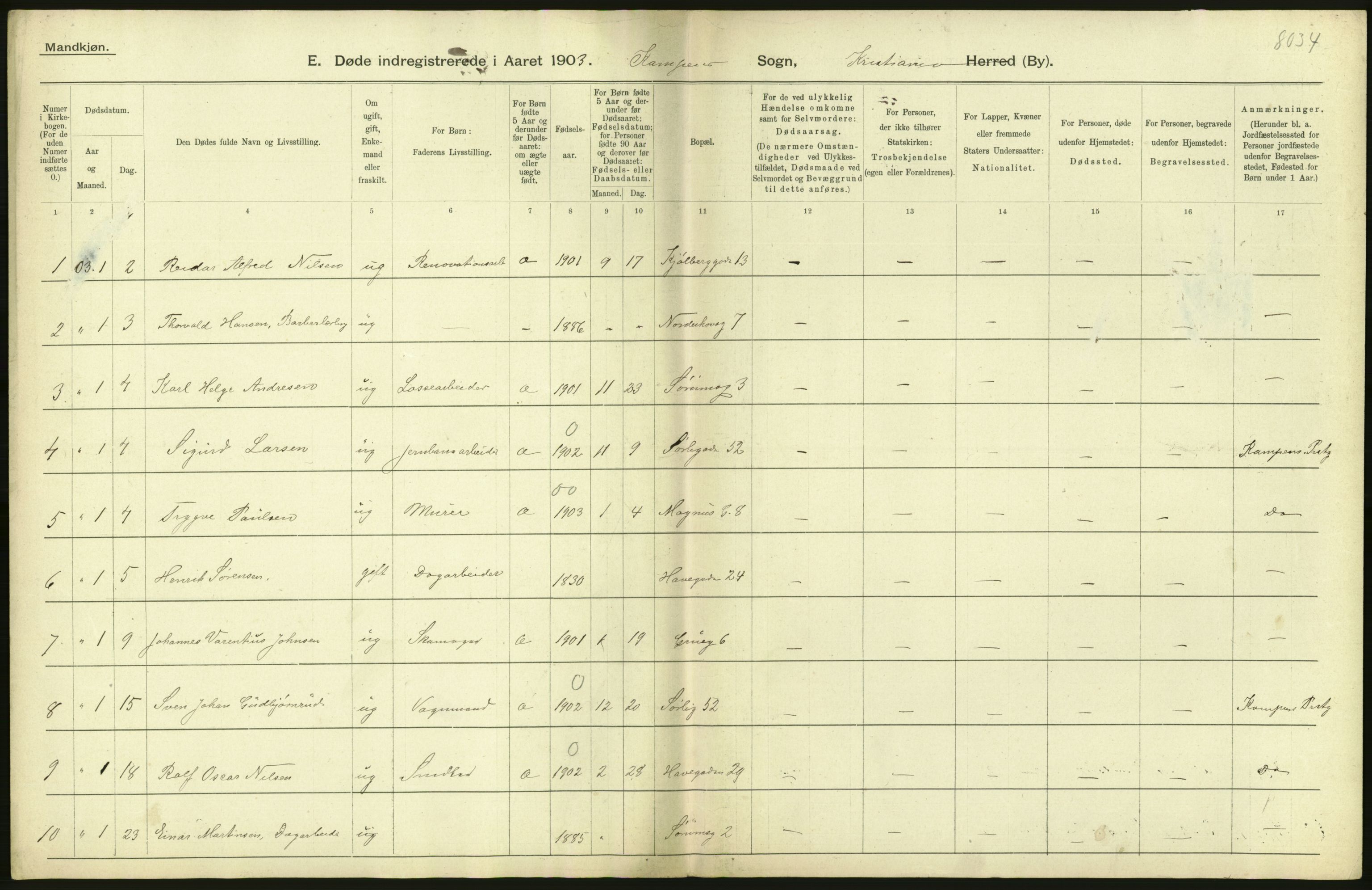 Statistisk sentralbyrå, Sosiodemografiske emner, Befolkning, AV/RA-S-2228/D/Df/Dfa/Dfaa/L0004: Kristiania: Gifte, døde, 1903, p. 260