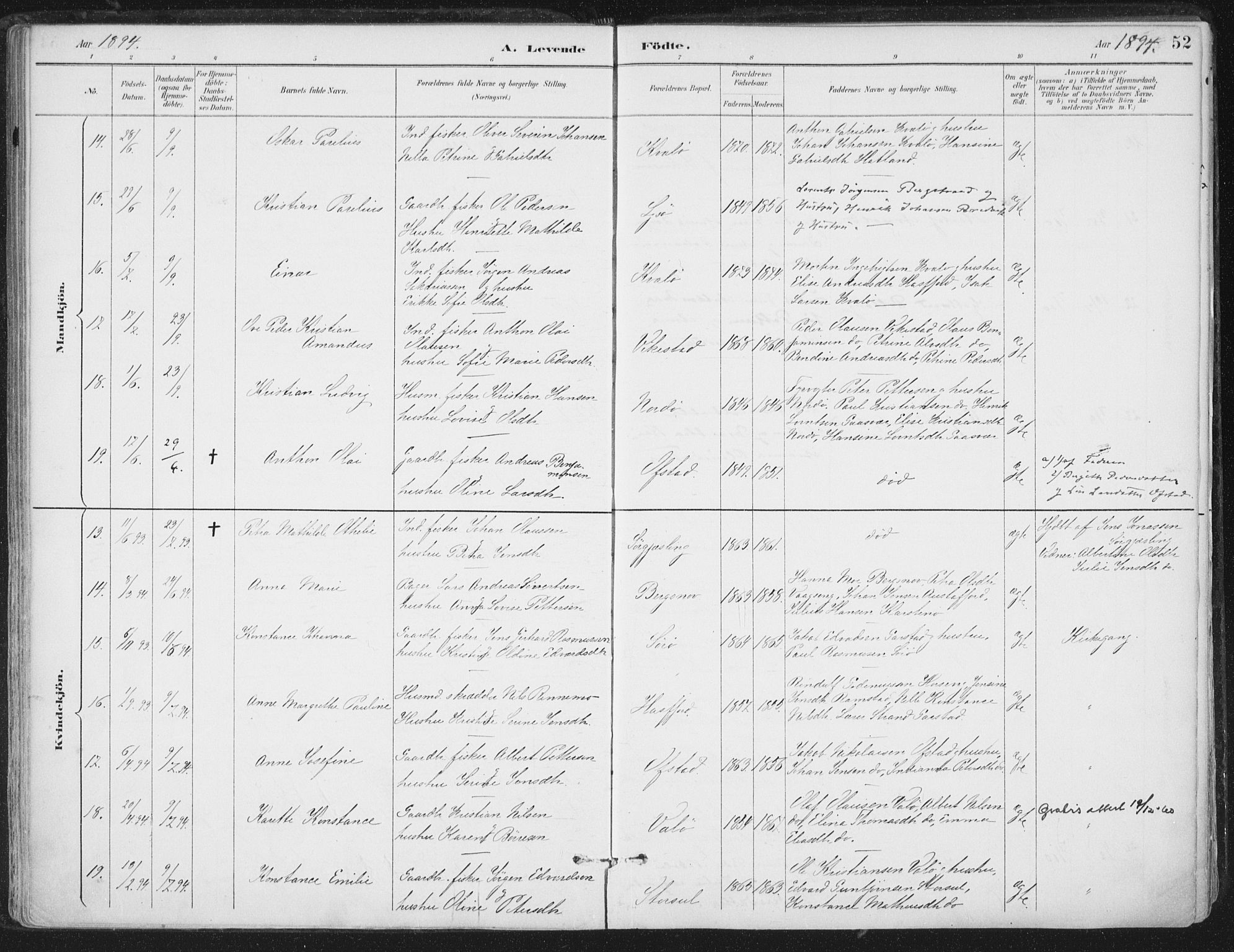 Ministerialprotokoller, klokkerbøker og fødselsregistre - Nord-Trøndelag, AV/SAT-A-1458/786/L0687: Parish register (official) no. 786A03, 1888-1898, p. 52