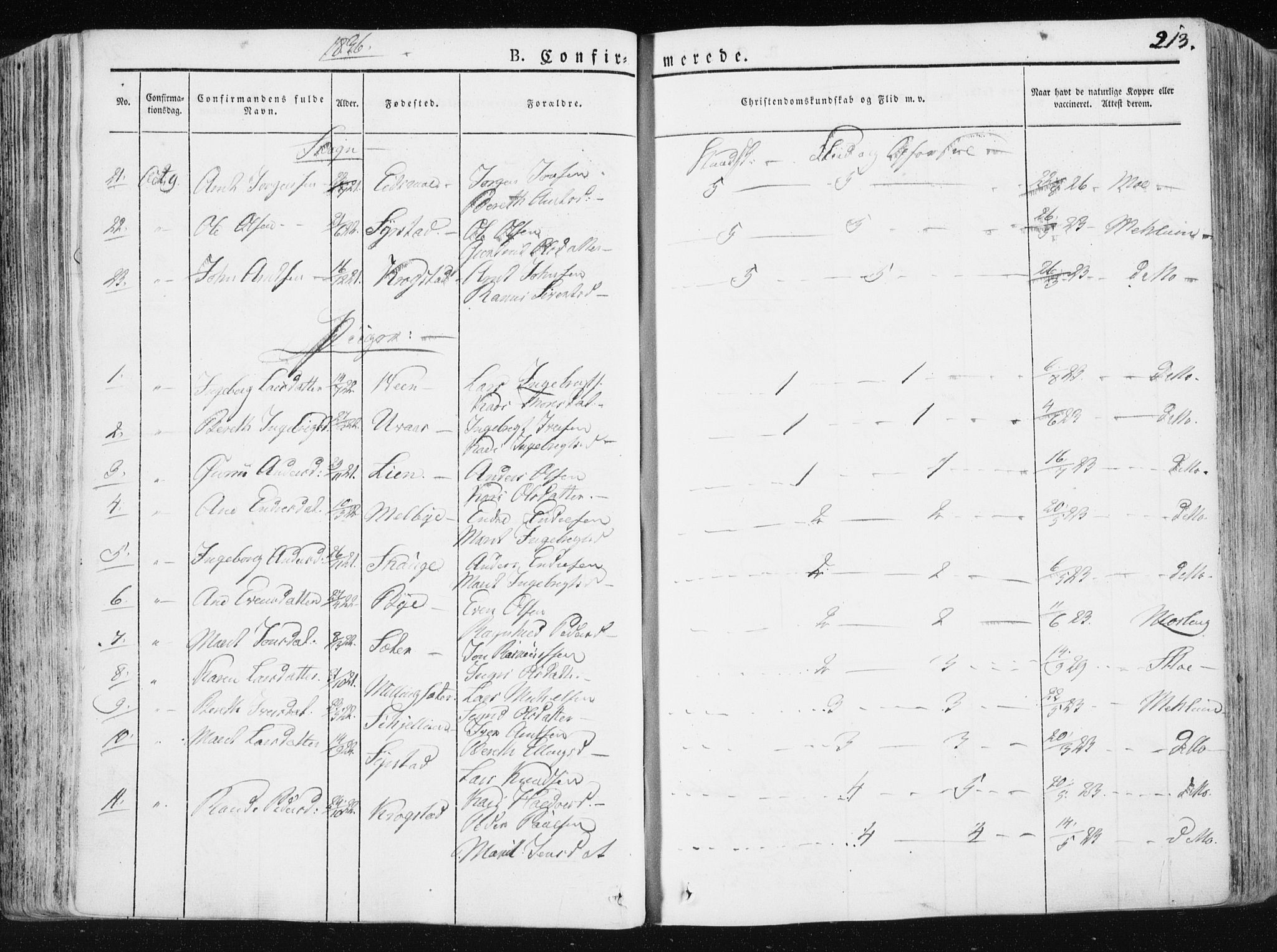 Ministerialprotokoller, klokkerbøker og fødselsregistre - Sør-Trøndelag, SAT/A-1456/665/L0771: Parish register (official) no. 665A06, 1830-1856, p. 213