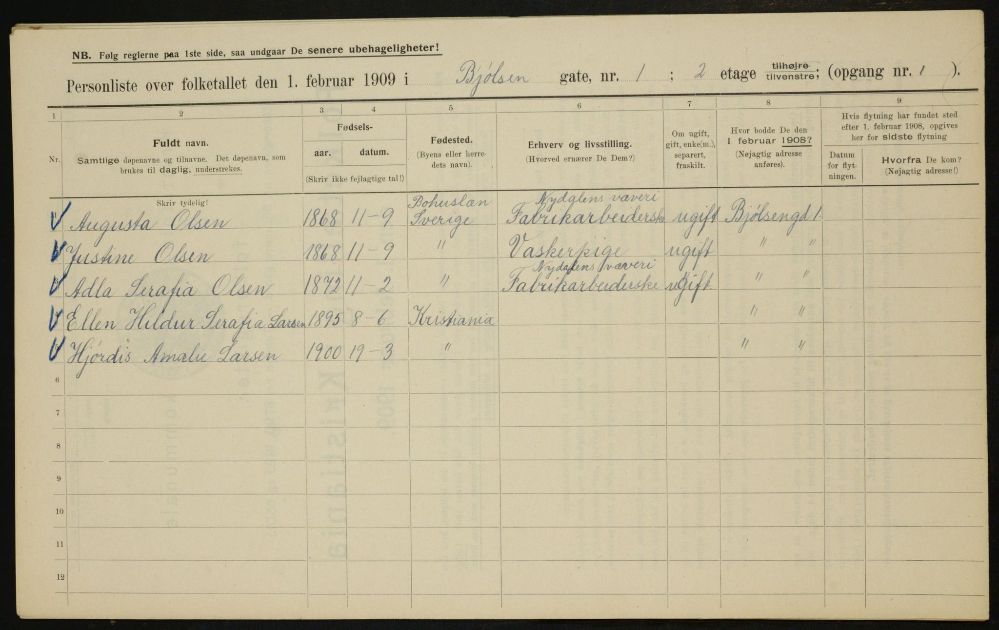 OBA, Municipal Census 1909 for Kristiania, 1909, p. 5998