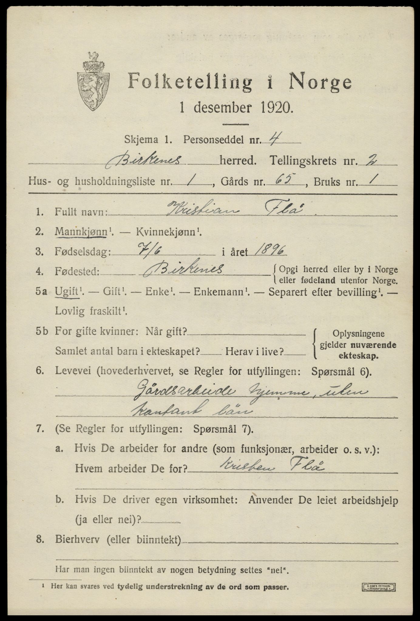 SAK, 1920 census for Birkenes, 1920, p. 1069