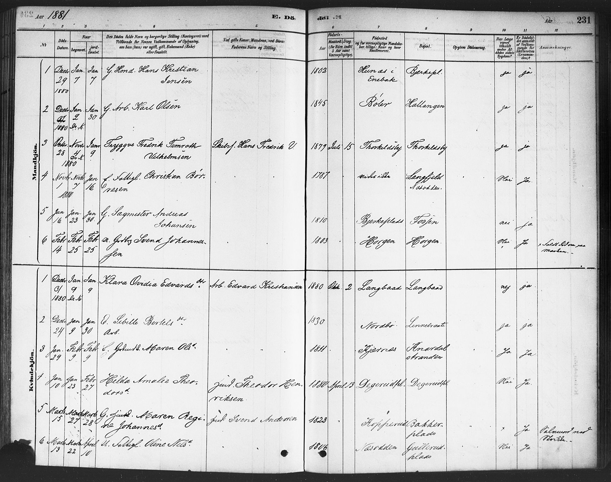 Drøbak prestekontor Kirkebøker, SAO/A-10142a/F/Fc/L0002: Parish register (official) no. III 2, 1878-1891, p. 231