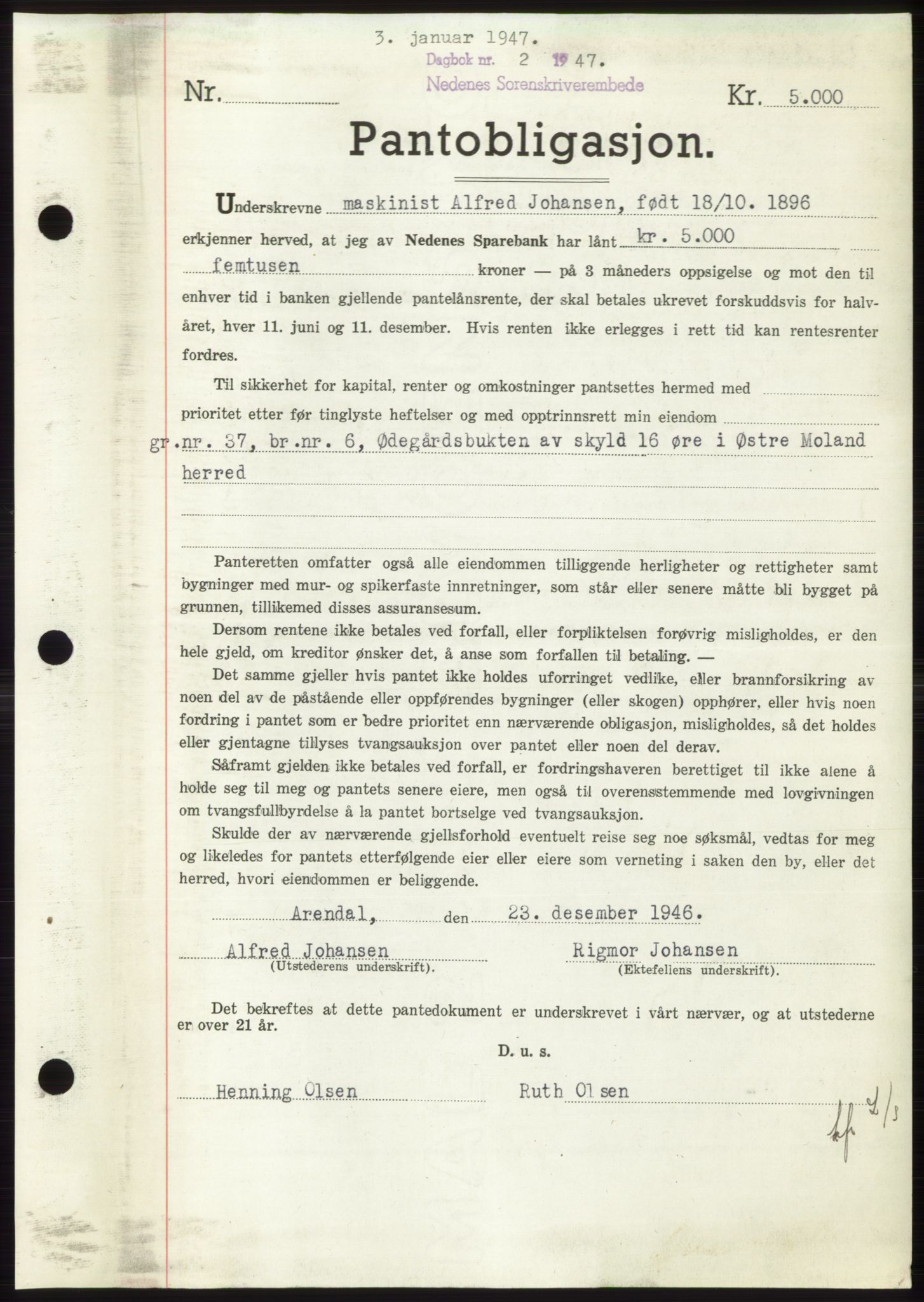 Nedenes sorenskriveri, SAK/1221-0006/G/Gb/Gbb/L0004: Mortgage book no. B4, 1947-1947, Diary no: : 2/1947