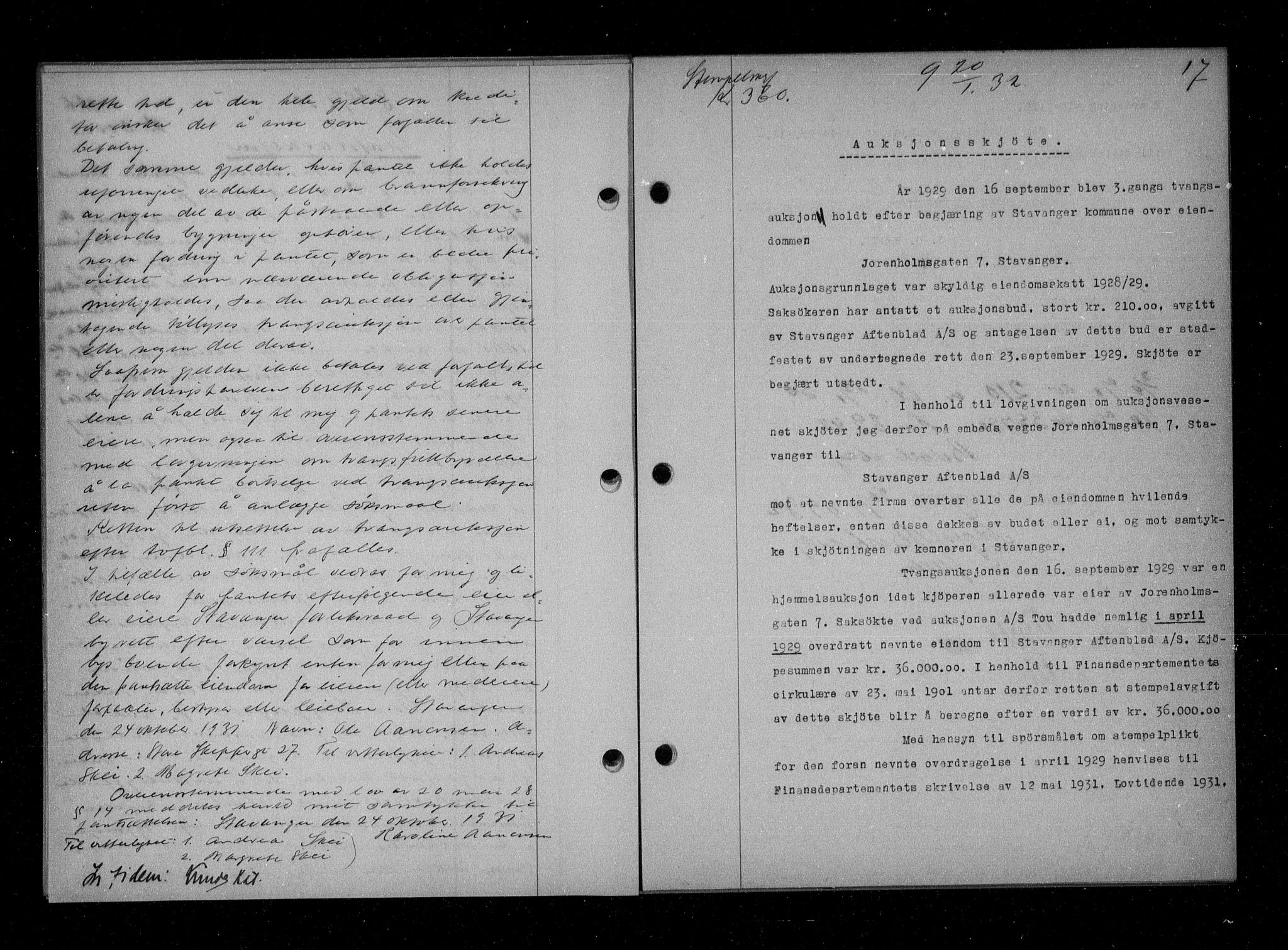 Stavanger byfogd, SAST/A-101408/001/4/41/410/410BB/L0061: Mortgage book no. 51, 1932-1932, Deed date: 20.01.1932
