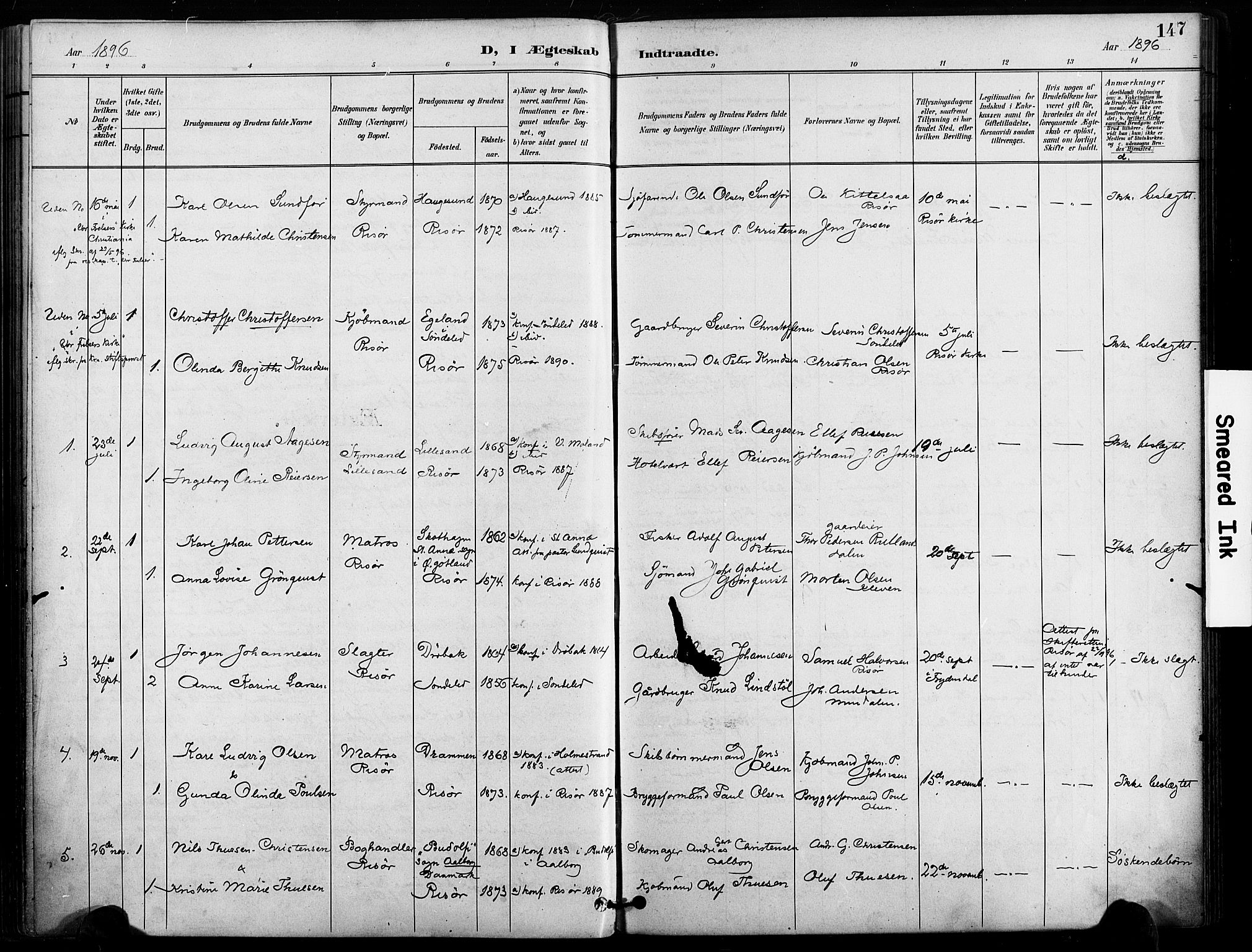 Risør sokneprestkontor, SAK/1111-0035/F/Fa/L0010: Parish register (official) no. A 10, 1896-1906, p. 147