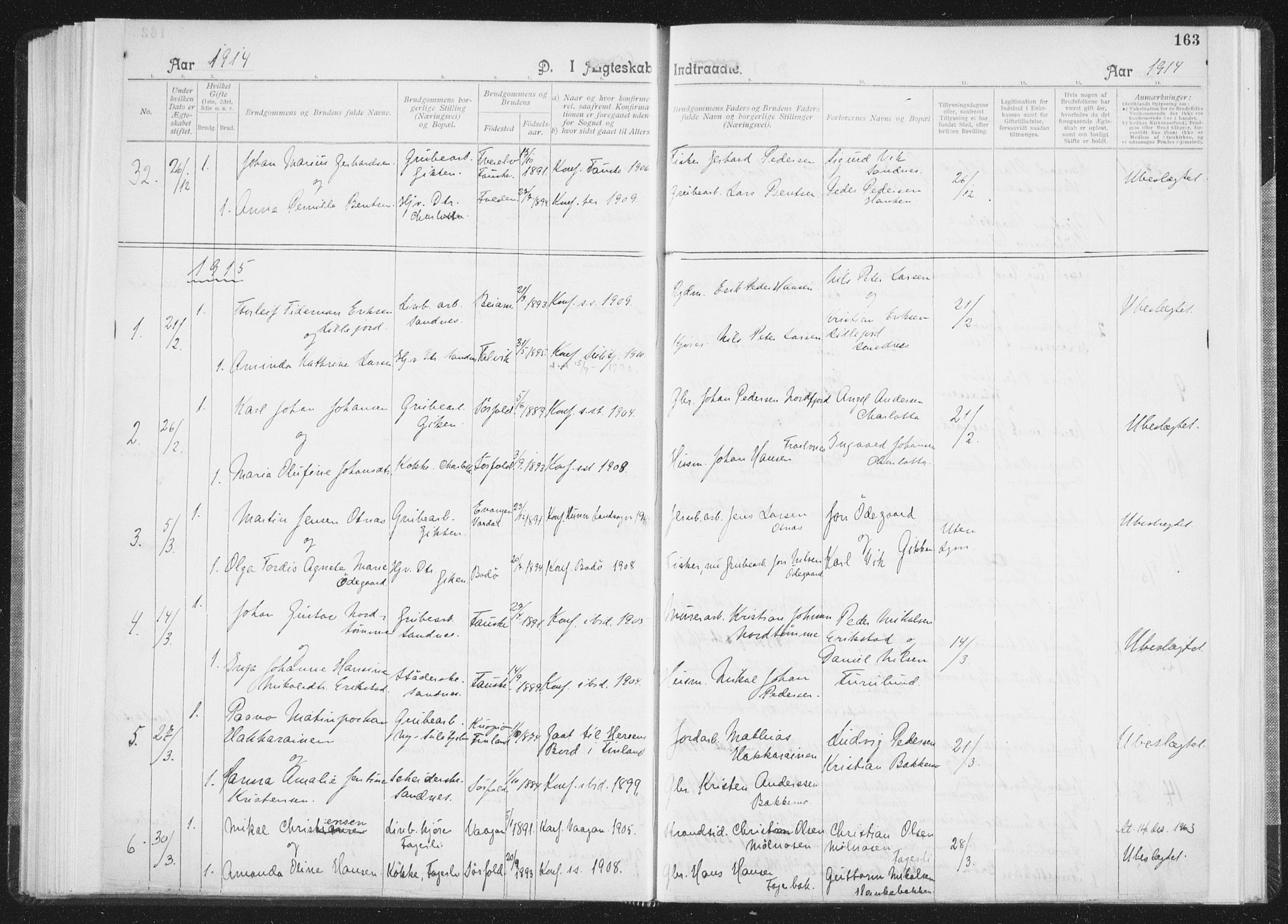 Ministerialprotokoller, klokkerbøker og fødselsregistre - Nordland, SAT/A-1459/850/L0711: Curate's parish register no. 850B01, 1902-1915, p. 163
