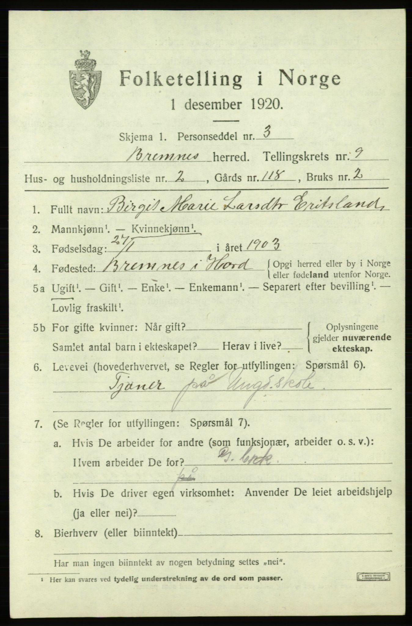 SAB, 1920 census for Bremnes, 1920, p. 6128