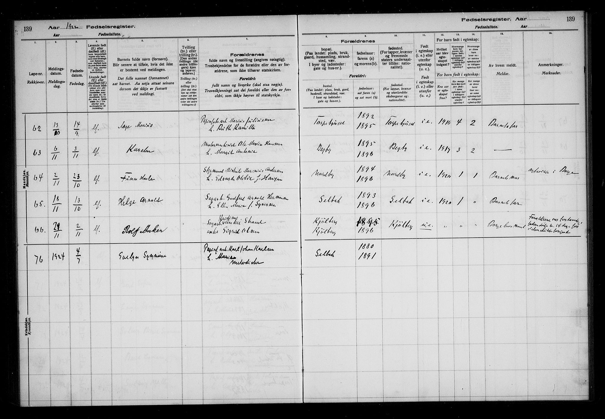 Borge prestekontor Kirkebøker, AV/SAO-A-10903/J/Ja/L0001: Birth register no. I 1, 1916-1925, p. 139