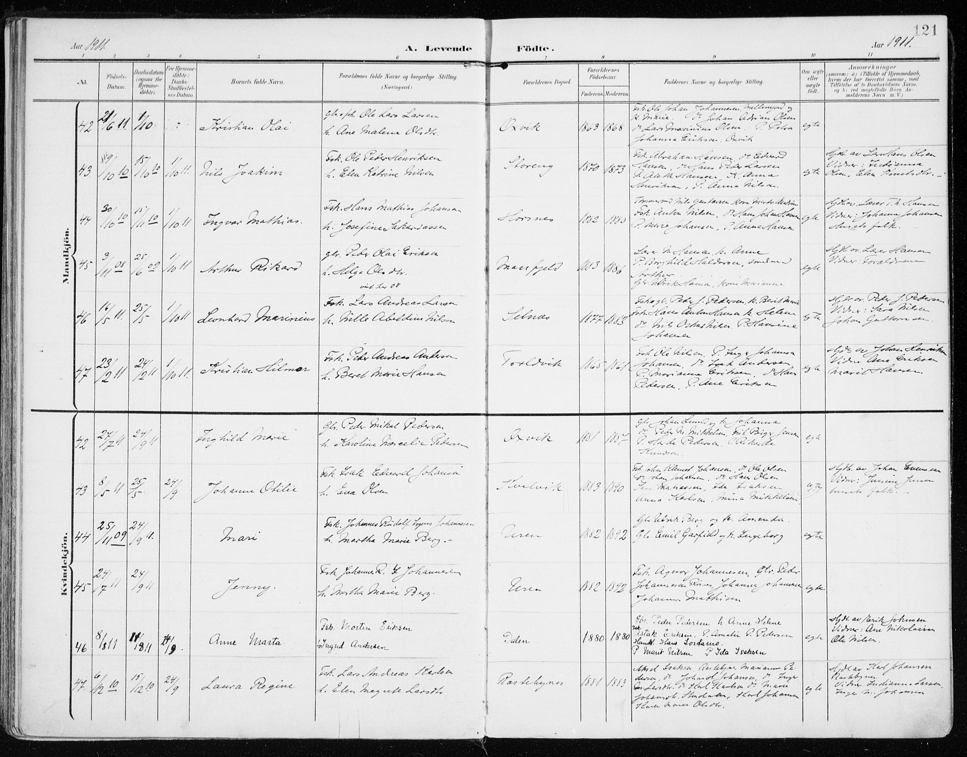 Lyngen sokneprestembete, SATØ/S-1289/H/He/Hea/L0011kirke: Parish register (official) no. 11, 1903-1913, p. 121
