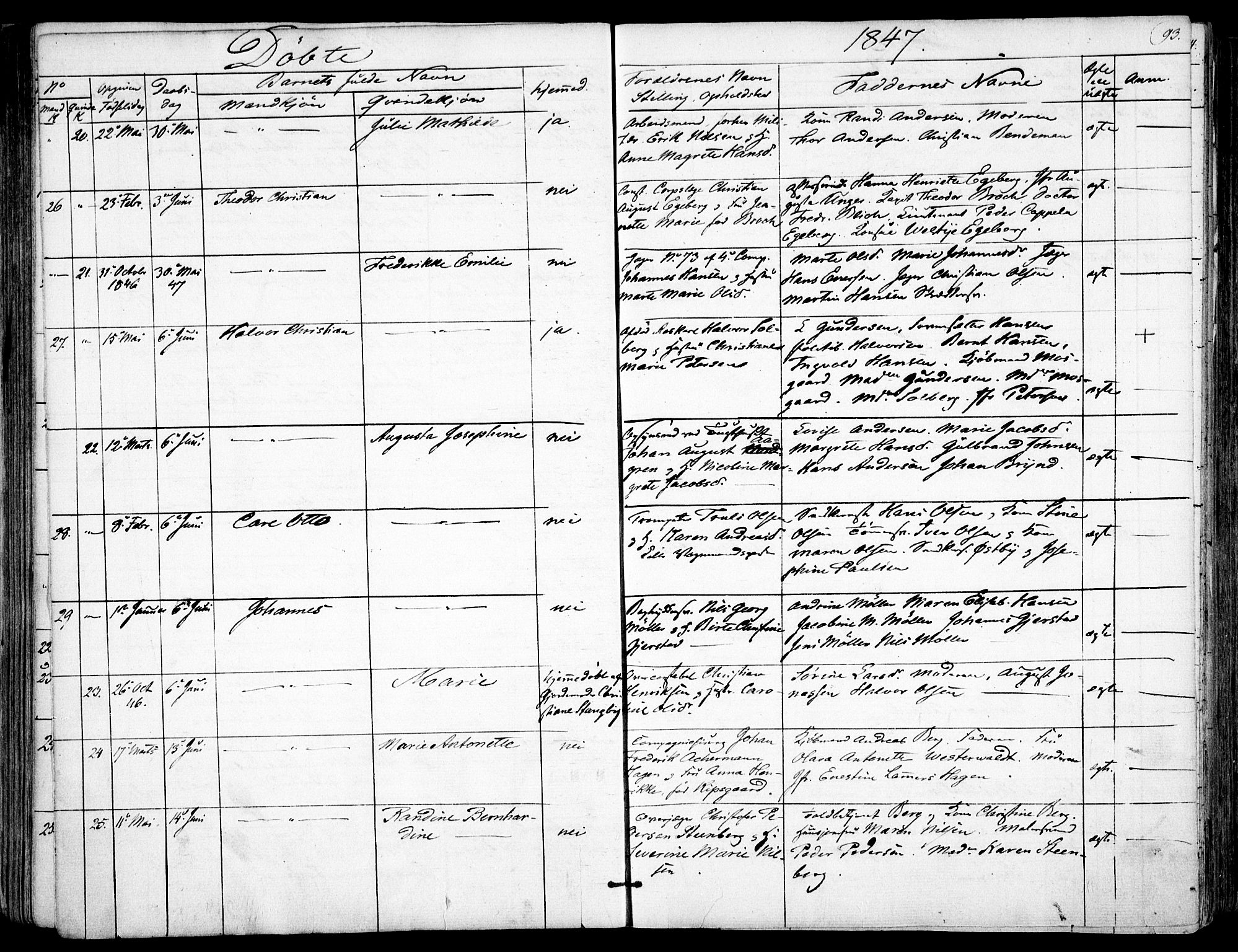 Garnisonsmenigheten Kirkebøker, AV/SAO-A-10846/F/Fa/L0008: Parish register (official) no. 8, 1842-1859, p. 93