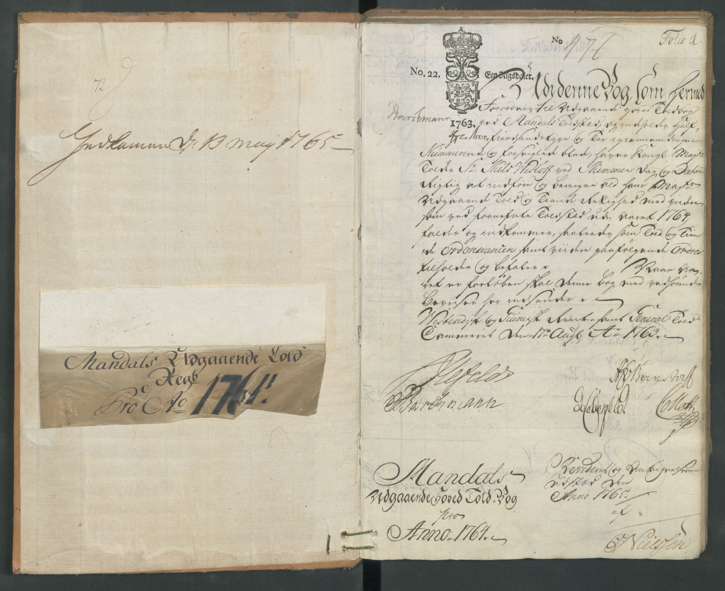 Generaltollkammeret, tollregnskaper, AV/RA-EA-5490/R17/L0025/0006: Tollregnskaper Mandal / Utgående hovedtollbok, 1764, p. 1a