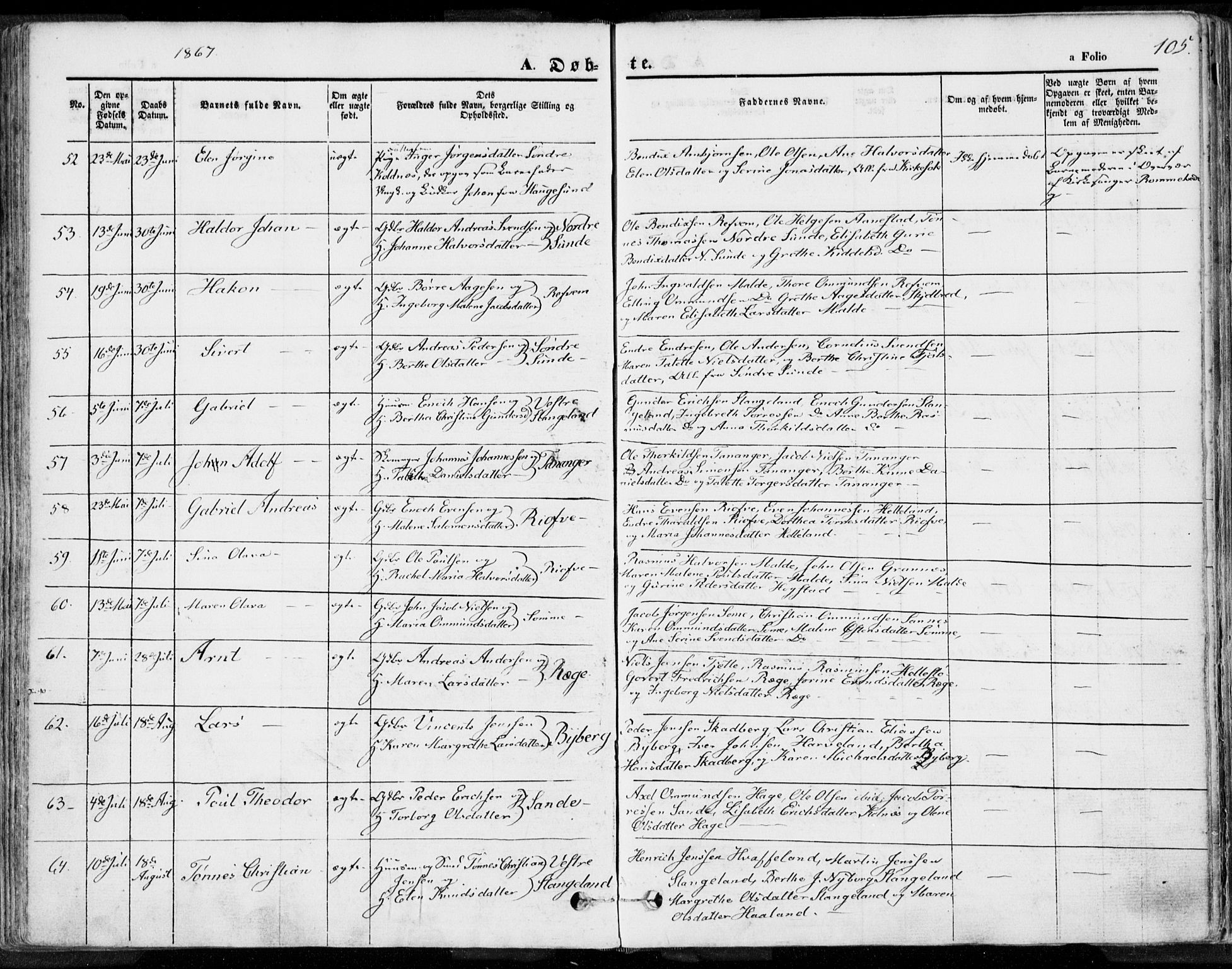 Håland sokneprestkontor, SAST/A-101802/001/30BA/L0007: Parish register (official) no. A 7.1, 1854-1870, p. 105