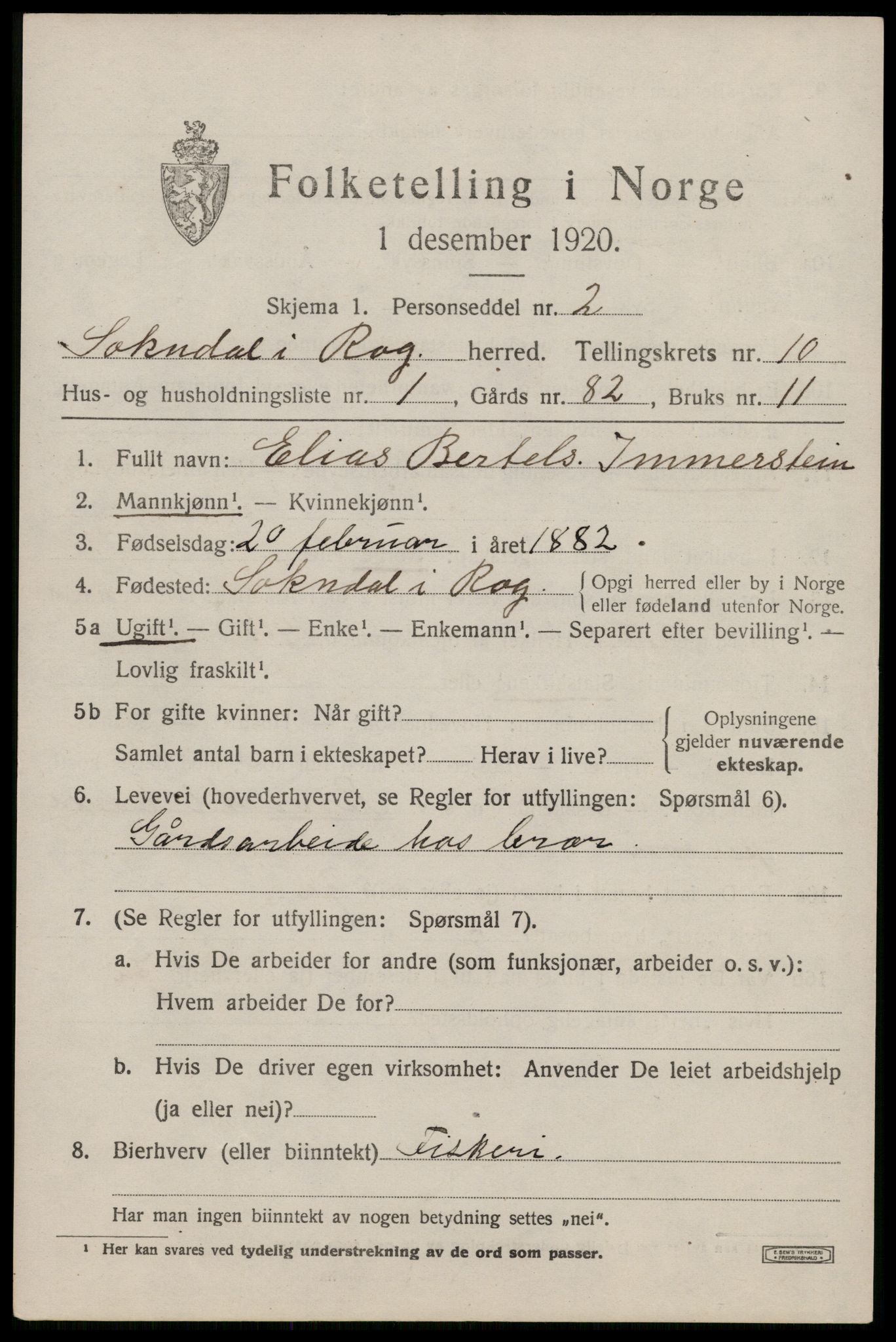 SAST, 1920 census for Sokndal, 1920, p. 5721