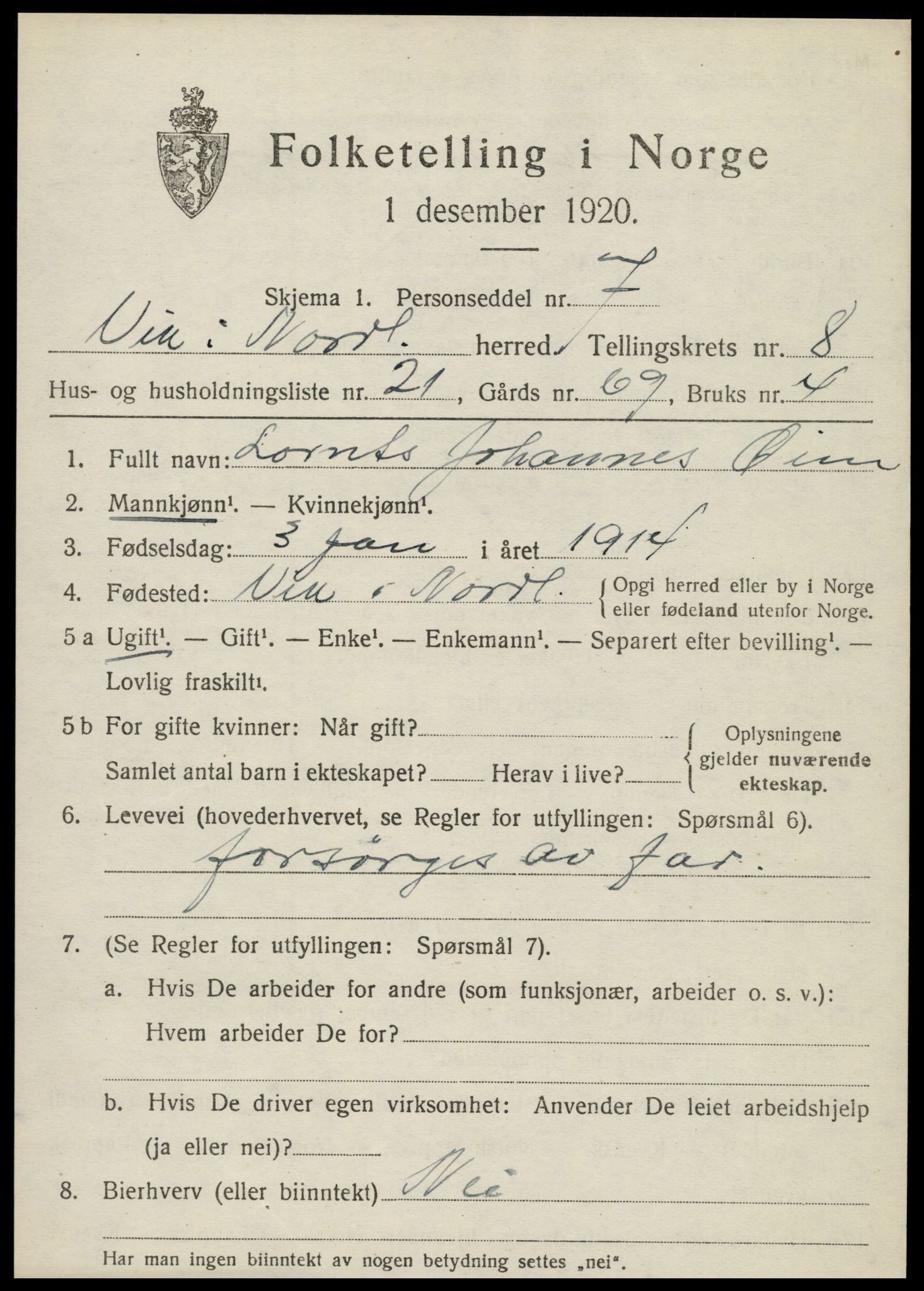 SAT, 1920 census for Vik, 1920, p. 5467