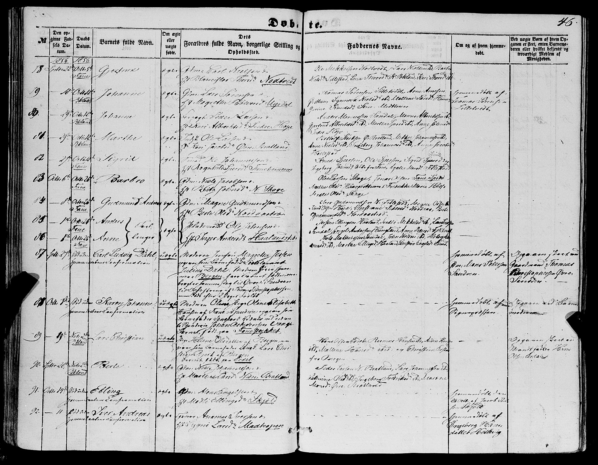 Fana Sokneprestembete, AV/SAB-A-75101/H/Haa/Haaa/L0011: Parish register (official) no. A 11, 1851-1862, p. 46