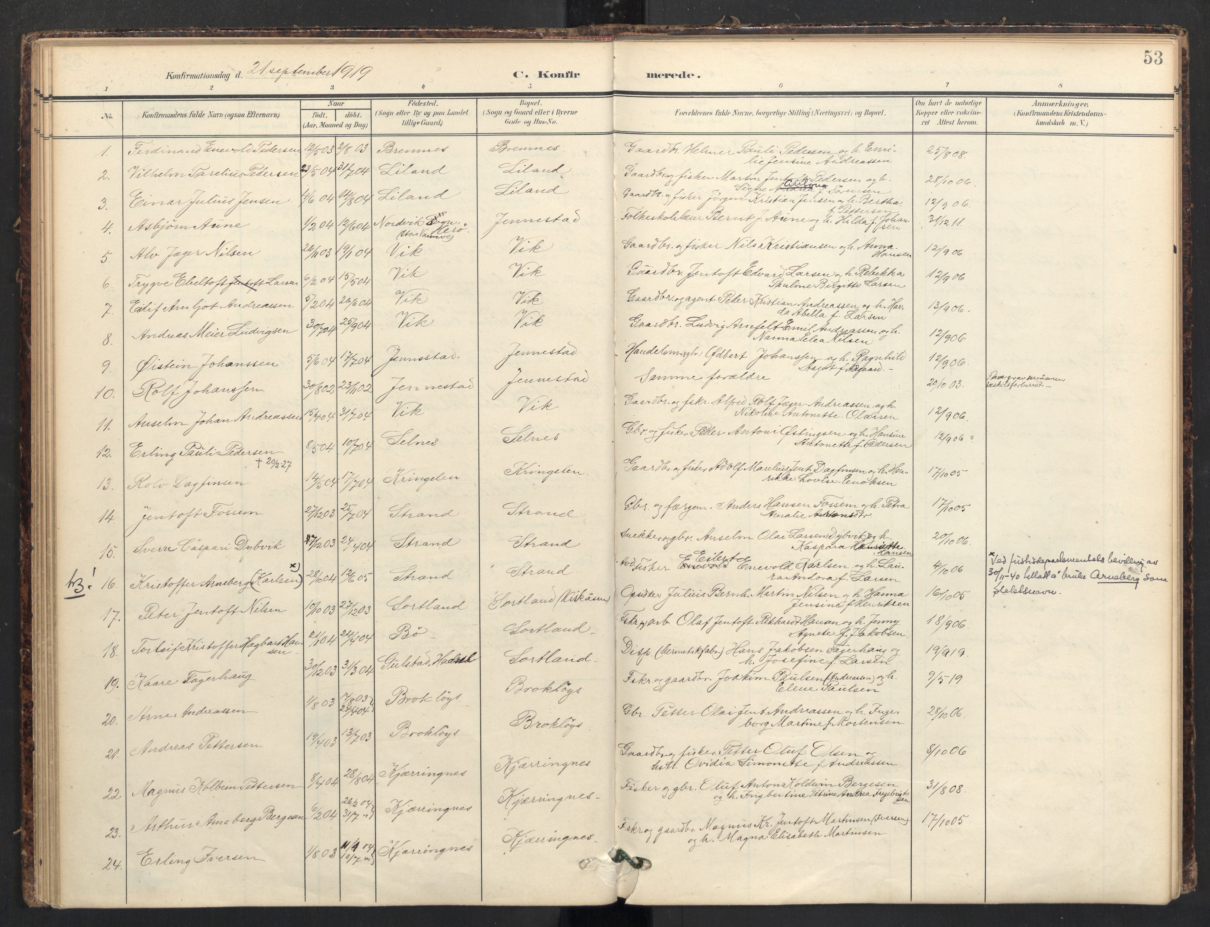 Ministerialprotokoller, klokkerbøker og fødselsregistre - Nordland, AV/SAT-A-1459/895/L1375: Parish register (official) no. 895A10, 1907-1938, p. 53