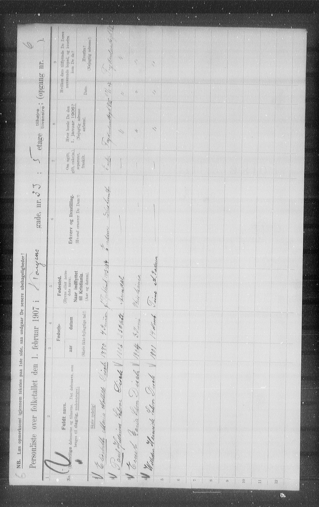 OBA, Municipal Census 1907 for Kristiania, 1907, p. 26833