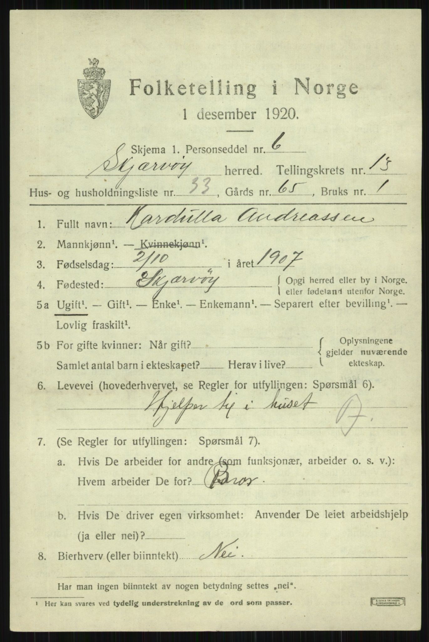 SATØ, 1920 census for Skjervøy, 1920, p. 6807