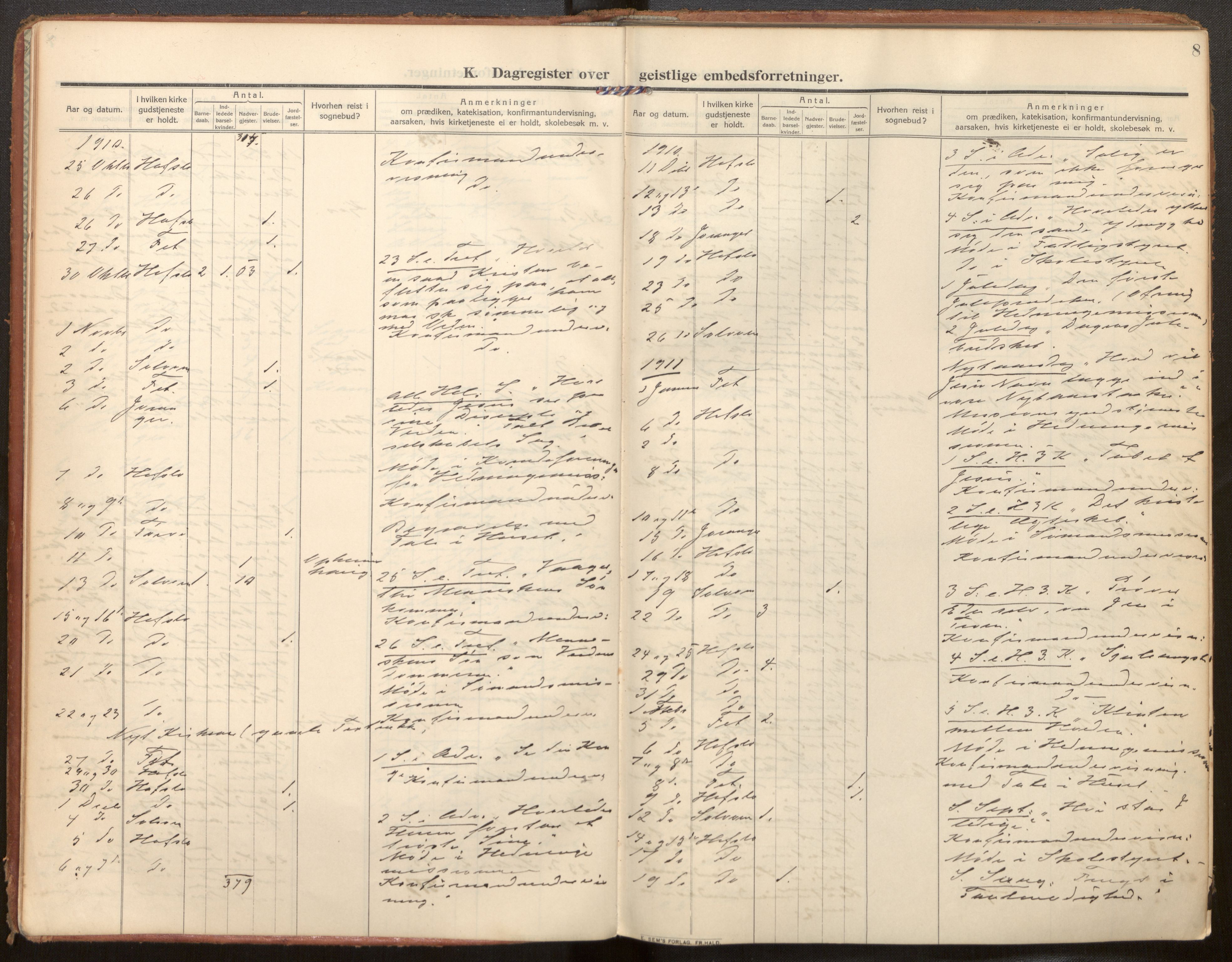 Hafslo sokneprestembete, SAB/A-80301/H/Haa/Haaf/L0004: Diary records no. F 4, 1909-1941, p. 8