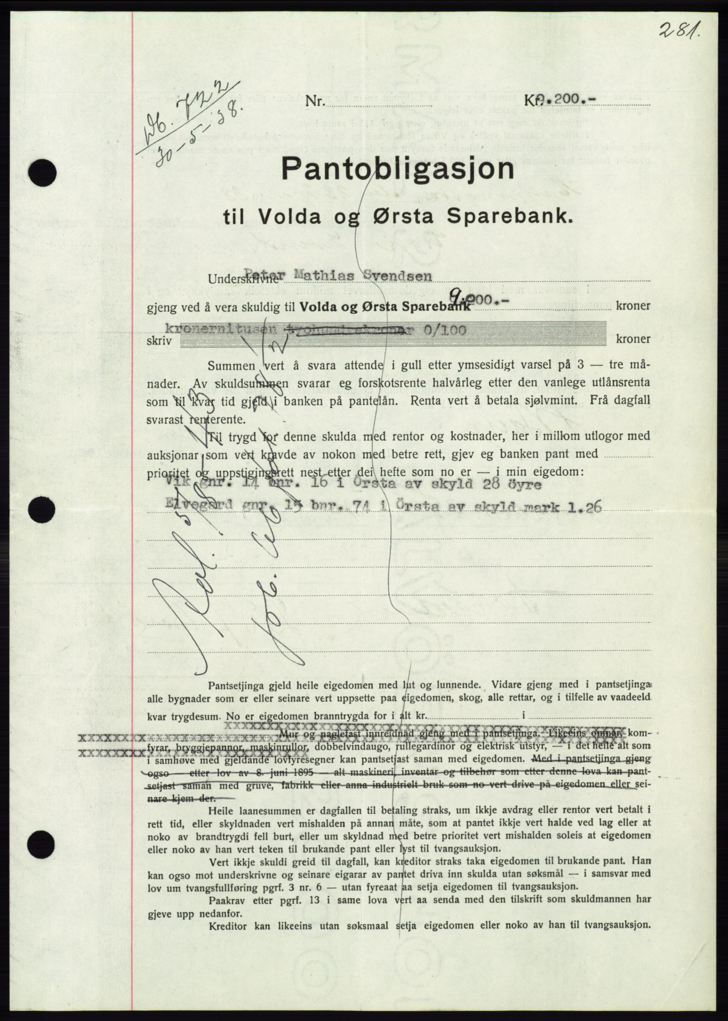 Søre Sunnmøre sorenskriveri, AV/SAT-A-4122/1/2/2C/L0065: Mortgage book no. 59, 1938-1938, Diary no: : 722/1938