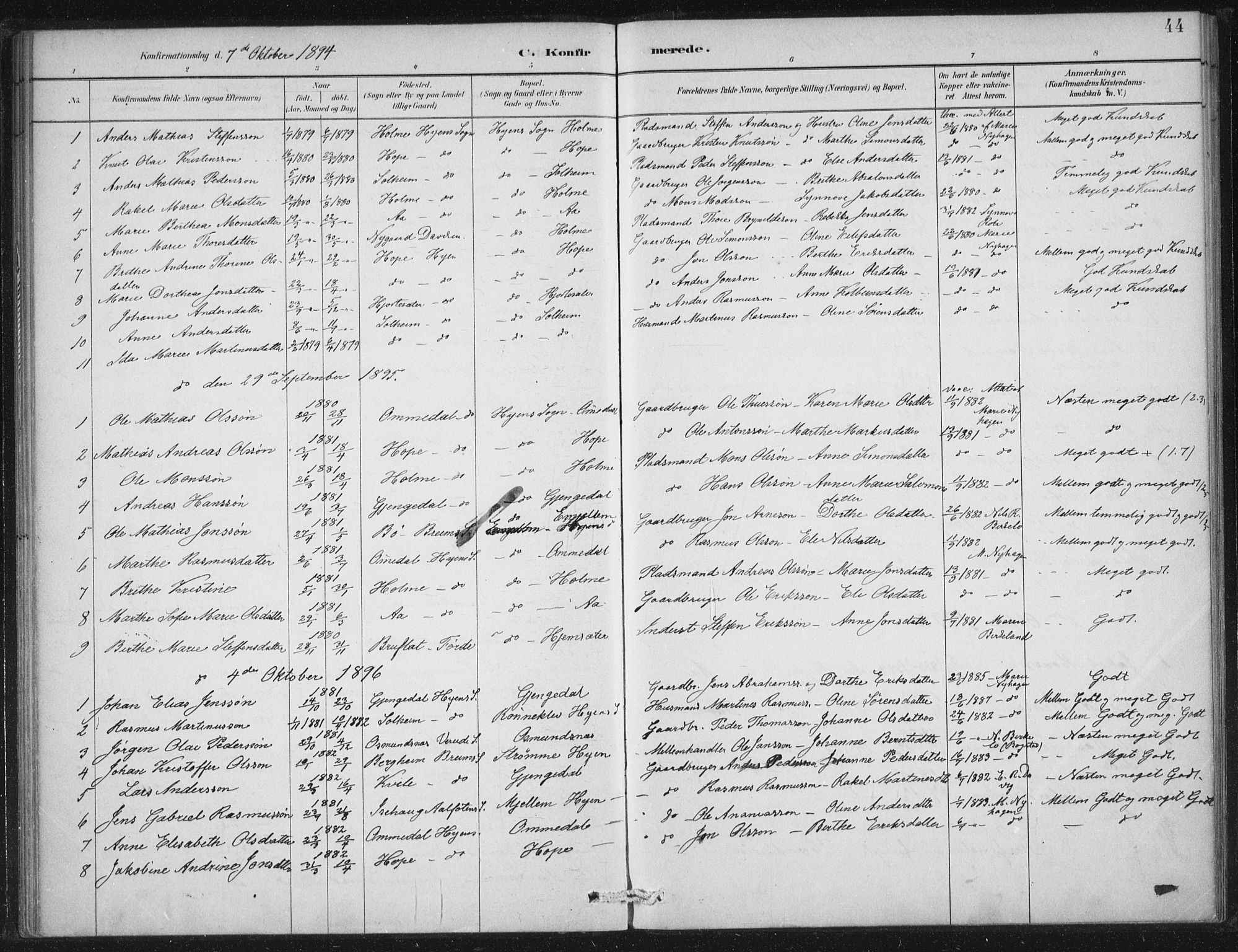 Gloppen sokneprestembete, SAB/A-80101/H/Haa/Haae/L0001: Parish register (official) no. E  1, 1885-1904, p. 44